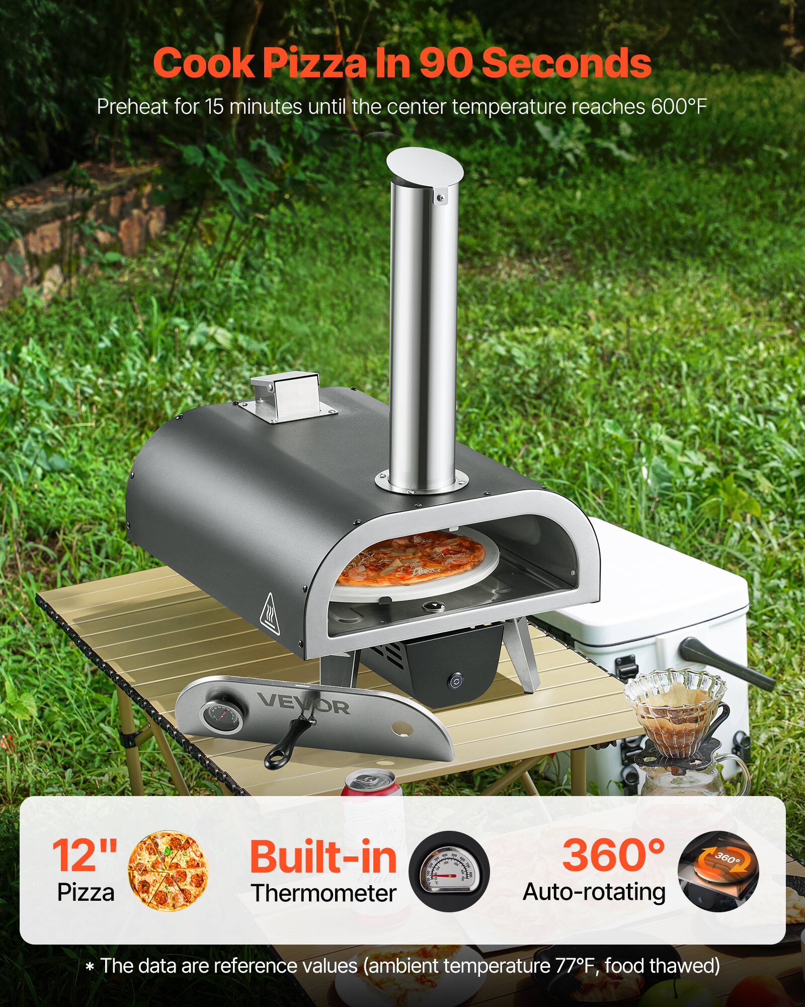 Cook Pizza In 90 Seconds  
Preheat for 15 minutes until the center temperature reaches 600°F  

12" Pizza  
Built-in Thermometer  
360° Auto-rotating  

* The data are reference values (ambient temperature 77°F, food thawed)