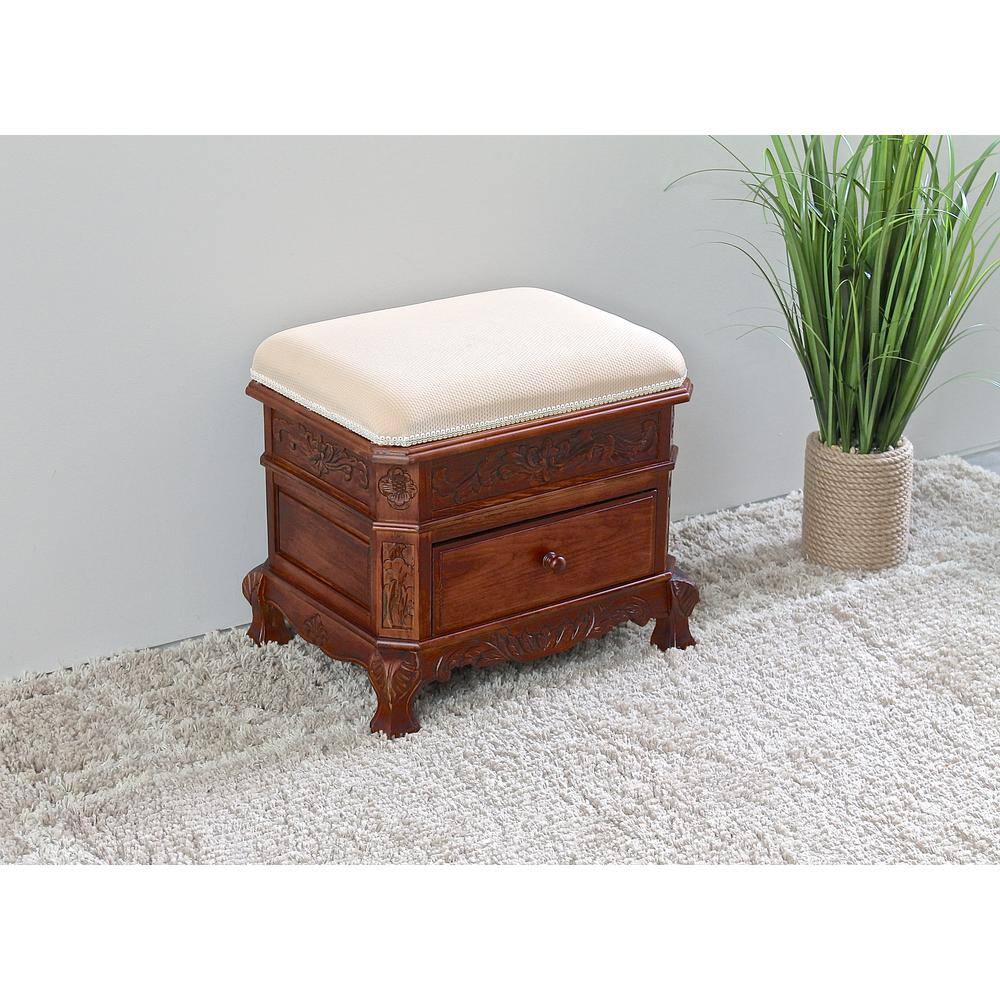 Left. International Caravan - International Caravan Upholstered Vanity Stool with One Drawer - Brown Stain.