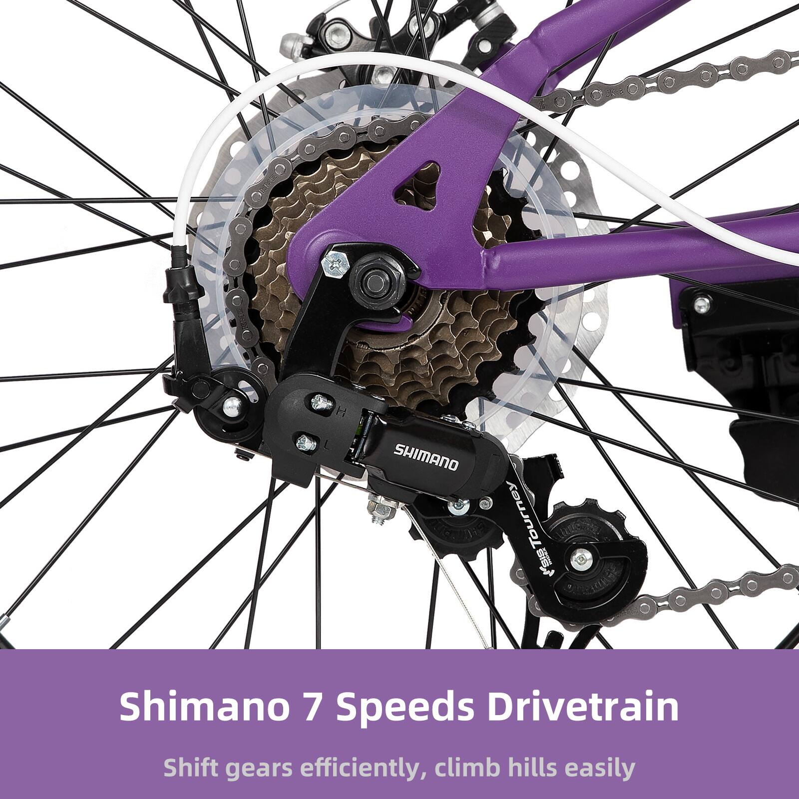 Shimano 7 Speeds Drivetrain  
Shift gears efficiently, climb hills easily