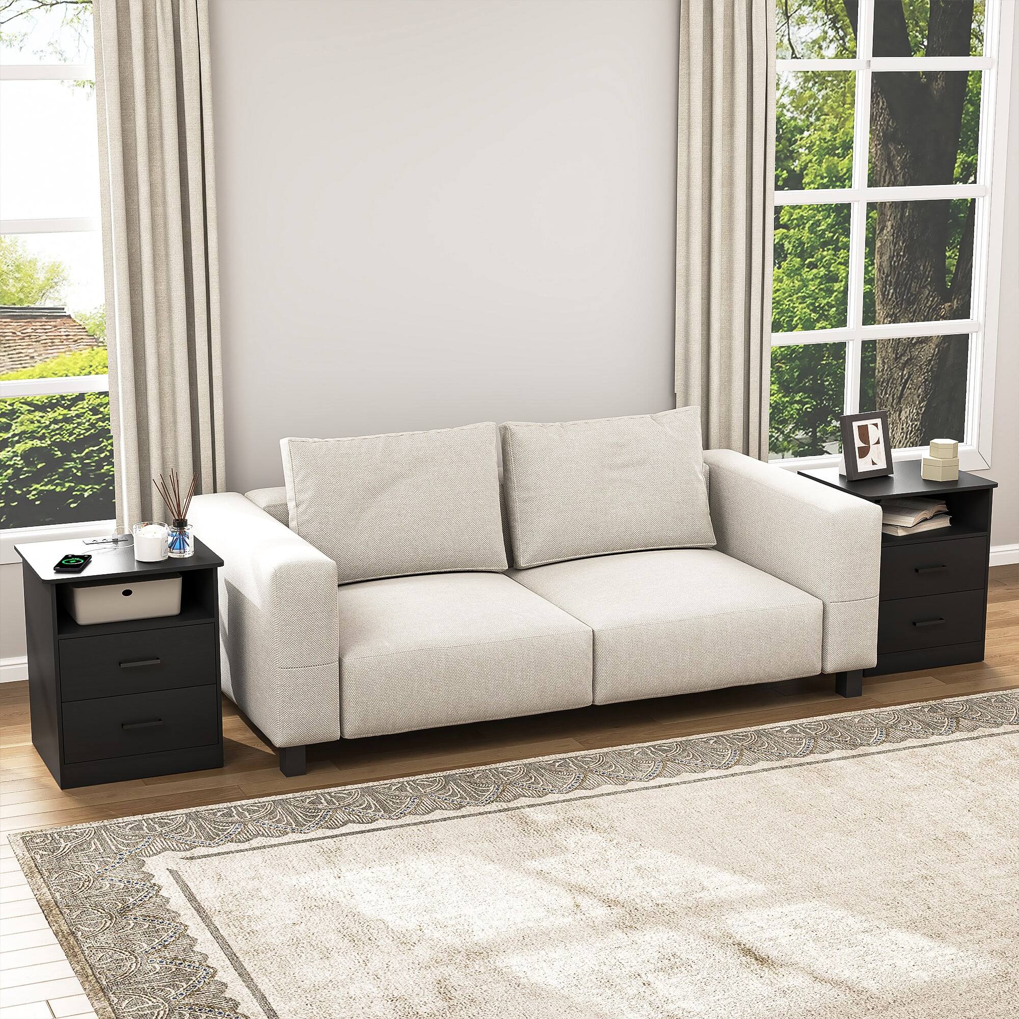 Left. Kadyn - Wood Nightstand With Charging Station, Bedside Table With 2 Drawers, Bedroom Nightstand - Black.