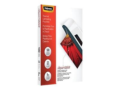 Fellowes ES Thermal Laminating Pouches  
Pochettes Pour la Plastification à Chaude  
Bolsas Para Plastificar en Caliente  

100 Pouches  
5" x 7"  

Super-Dur  
- 100% Recyclable  
- 100% Reciclable  
- 100% Reciclable