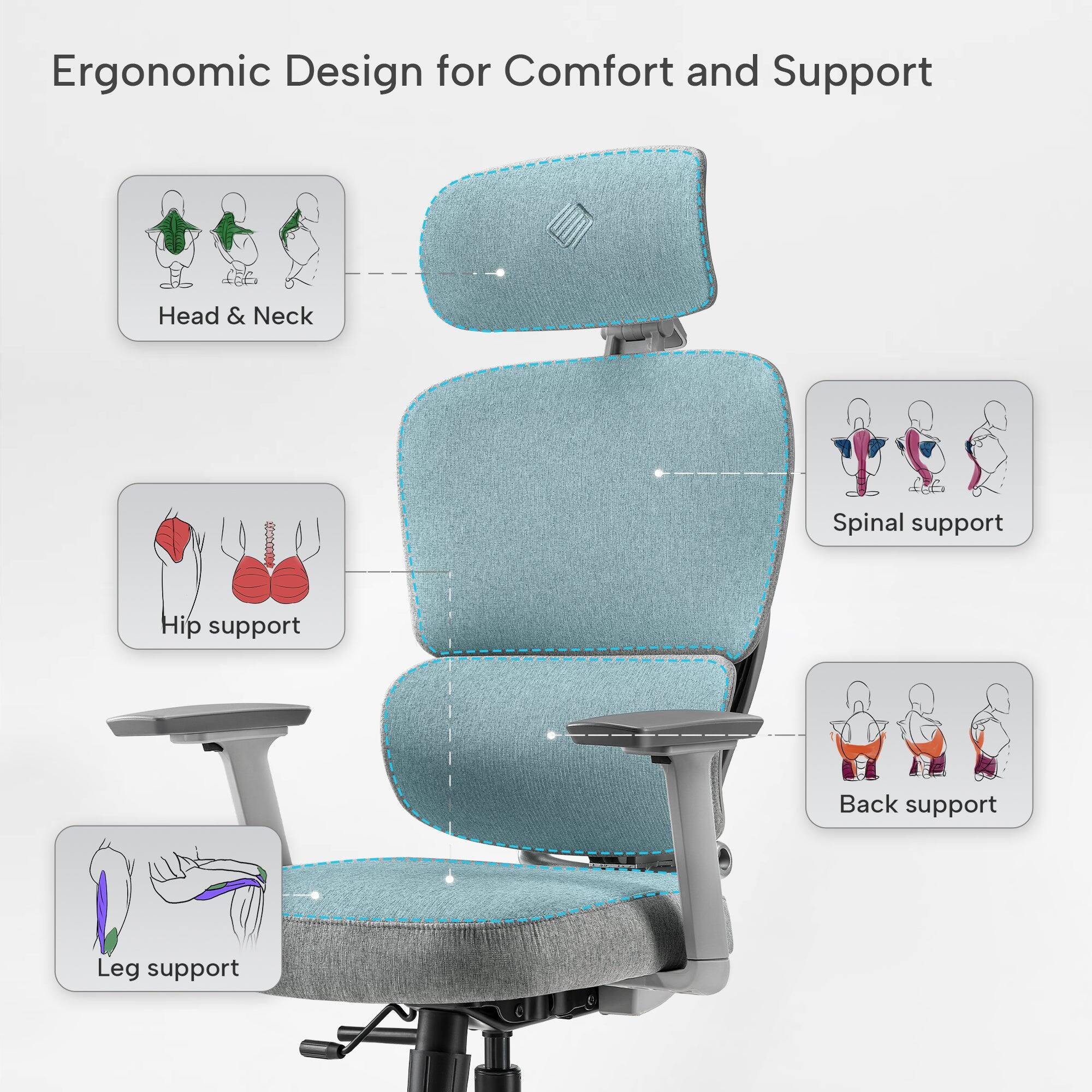 Ergonomic Design for Comfort and Support

- Head & Neck
- Spinal support
- Hip support
- Back support
- Leg support