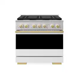ZLINE - Autograph 36 in. 5.2 cu. ft. Manual Clean Marino Freestanding Gas Range with 6 Burners and Polished Gold Accents - White Matte
