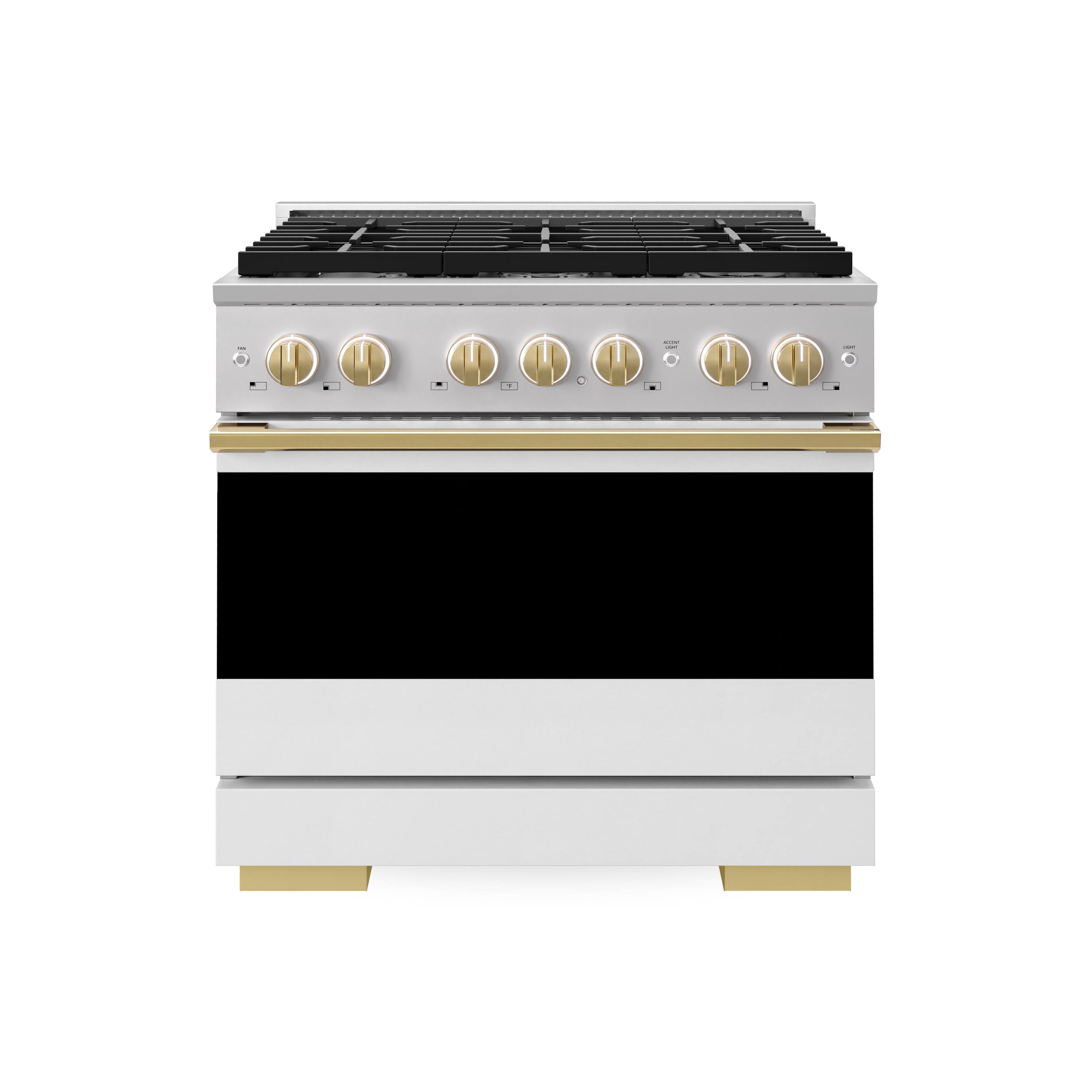 Front. ZLINE - Autograph 36 in. 5.2 cu. ft. Manual Clean Marino Freestanding Gas Range with 6 Burners and Polished Gold Accents - White Matte.
