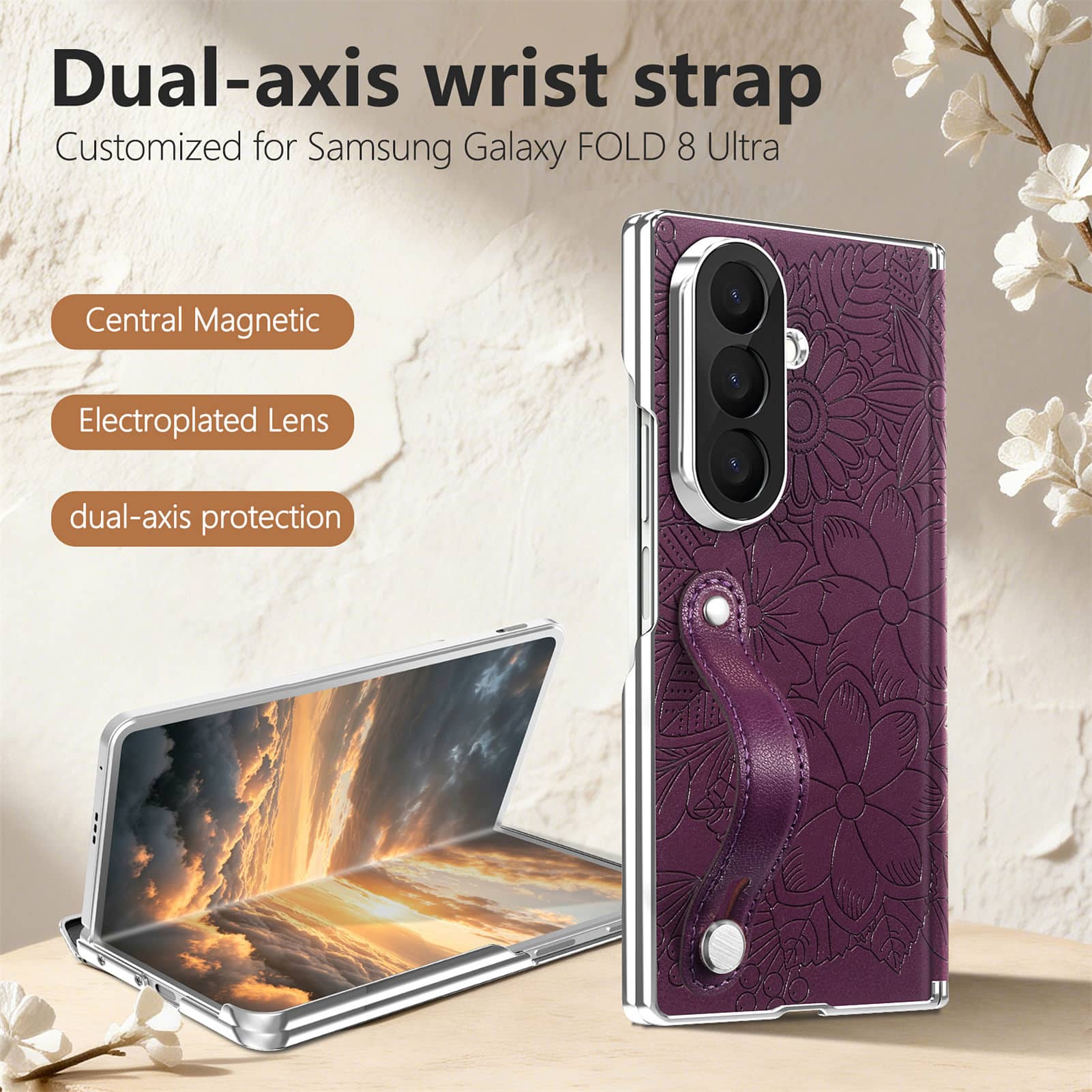 Dteck - Shockproof Case for Samsung Galaxy Z Fold8 Ultra with Wristband, Floral Leather Texture Rigid Plastic Hinge Phone Cover - Purple price history on PriceWatchPro