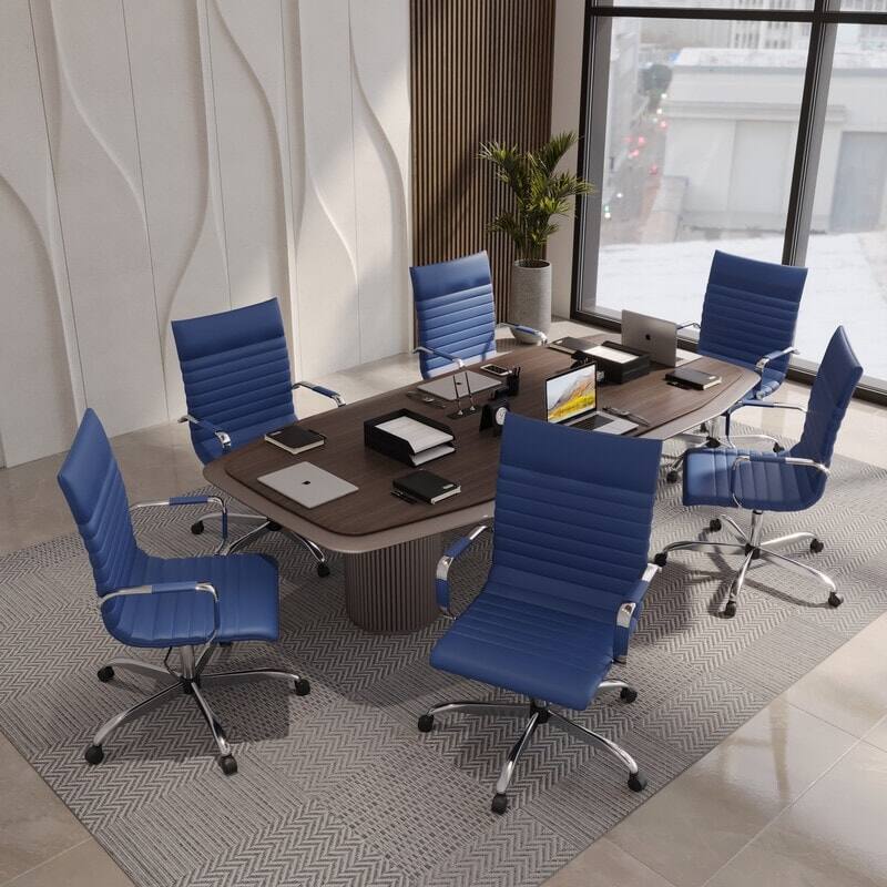 Left. LeisureMod - Harris High-Back Office Chair, Leather Upholstery with Gold Metal Frame Modern Armless Desk Chair for Conference Seating - Navy Blue.