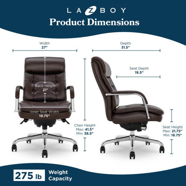 LA Z BOY

Product Dimensions

Width: 27"
Depth: 31.5"
Seat Depth: 19.5"
Back Height: 21"
Inner Seat Width: 19.75"
Chair Height: Max: 41.5" Min: 38.5"
Seat Height: Max: 21.75" Min: 18.75"
Weight Capacity: 275 lb