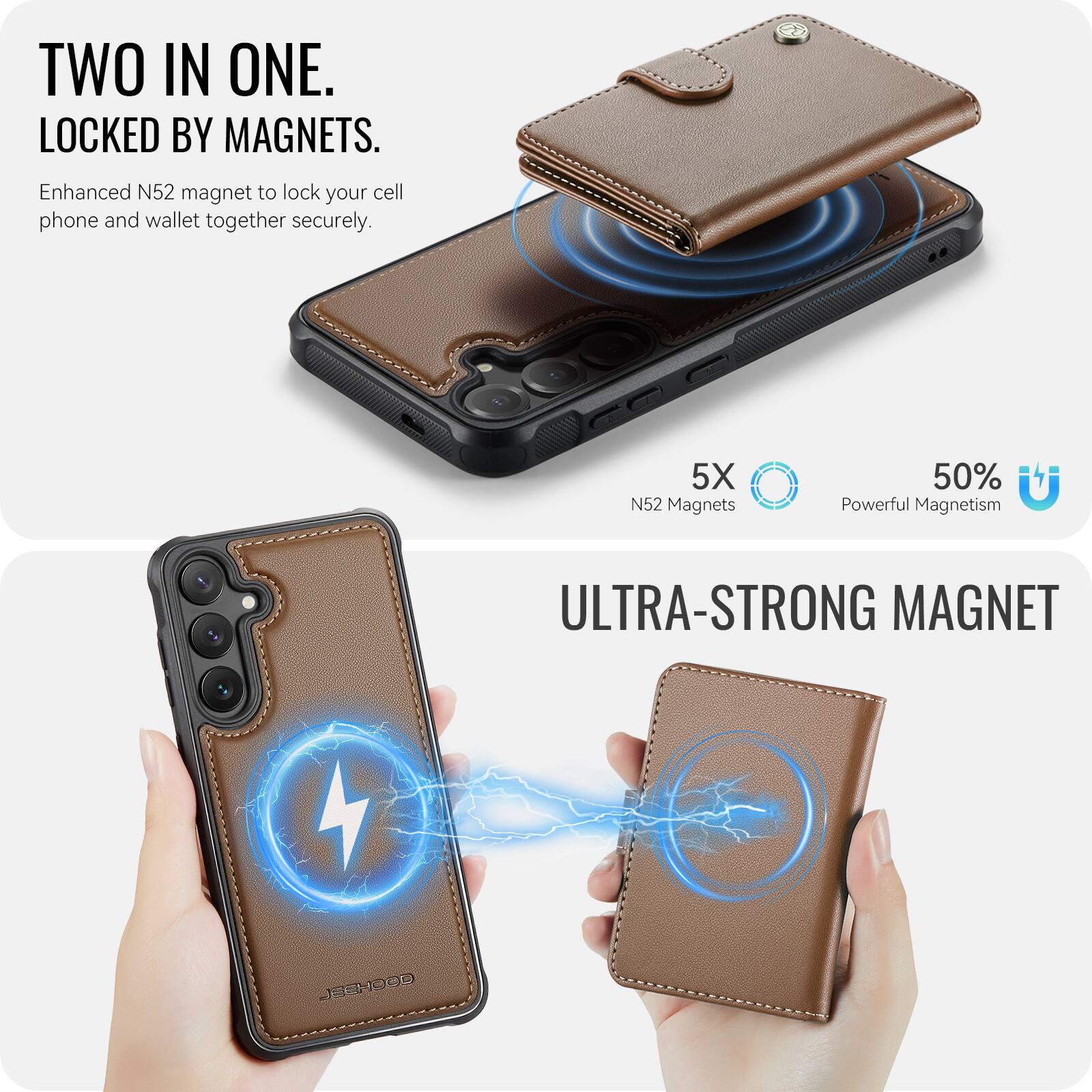TWO IN ONE. LOCKED BY MAGNETS.  
Enhanced N52 magnet to lock your cell phone and wallet together securely.  
5X N52 Magnets  
50% Powerful Magnetism  
ULTRA-STRONG MAGNET