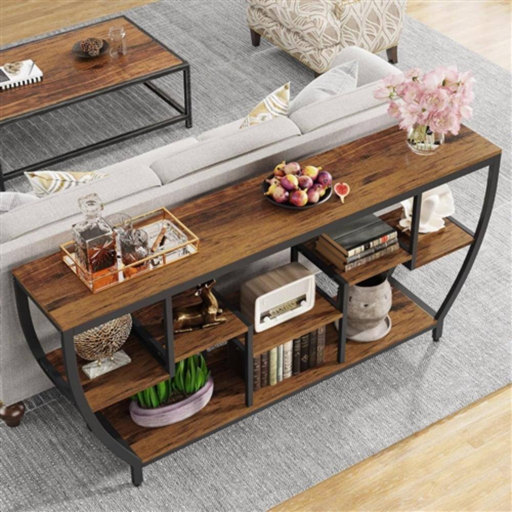 Back. Hivvago - Industrial Modern 70-inch Long Narrow Console Sofa Table with Wood Shelves - Brown.