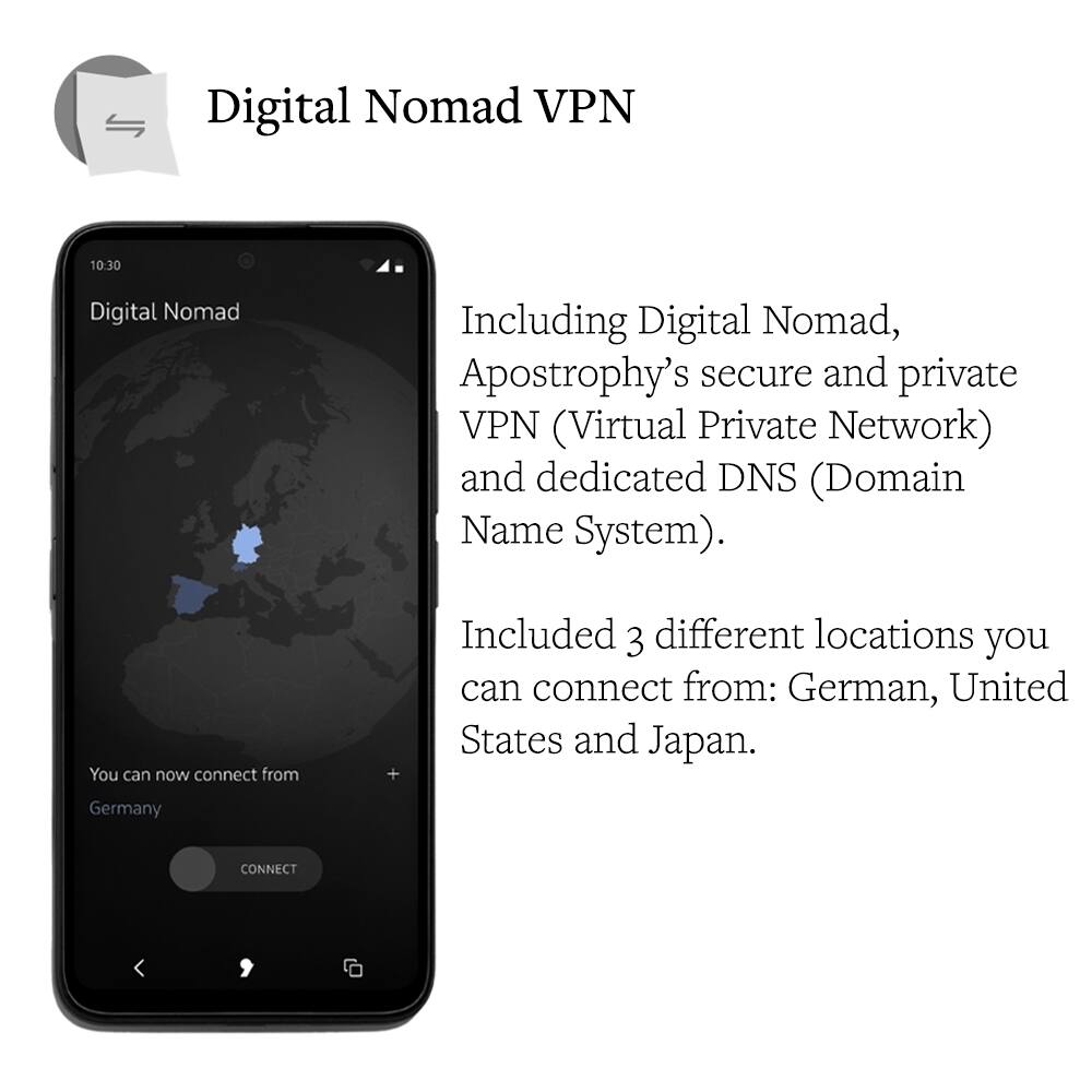 Digital Nomad VPN

10:30
Digital Nomad

Including Digital Nomad, Apostrophy's secure and private VPN (Virtual Private Network) and dedicated DNS (Domain Name System).

You can now connect from

Included 3 different locations you can connect from: Germany, United States and Japan.

Germany
CONNECT