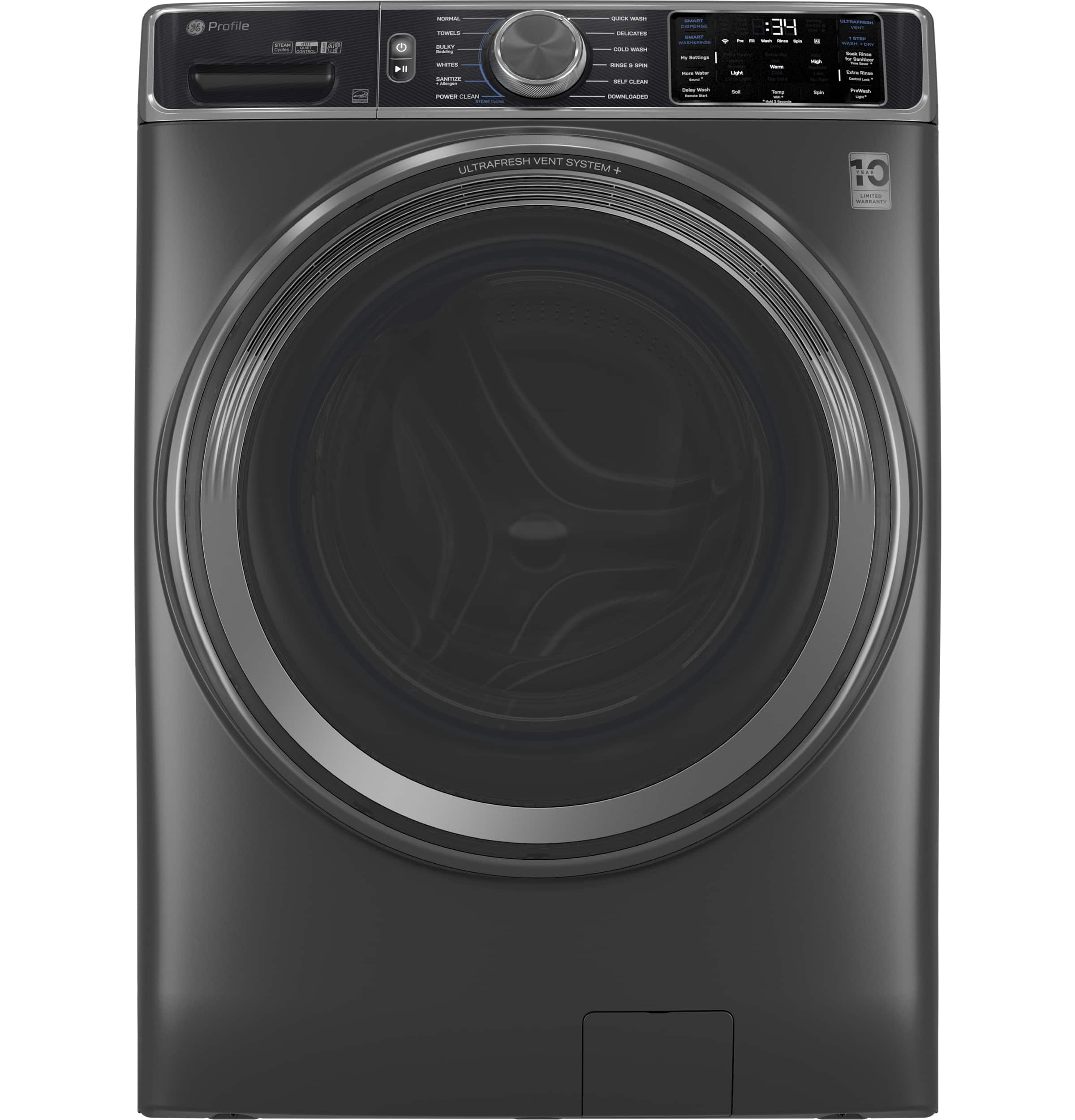 GE Profile - 5.5 Cu. Ft. High Efficiency Stackable Smart Front Load Washer with Steam and UltraFresh Vent System+ With OdorBlock - Carbon Graphite - Front_Zoom