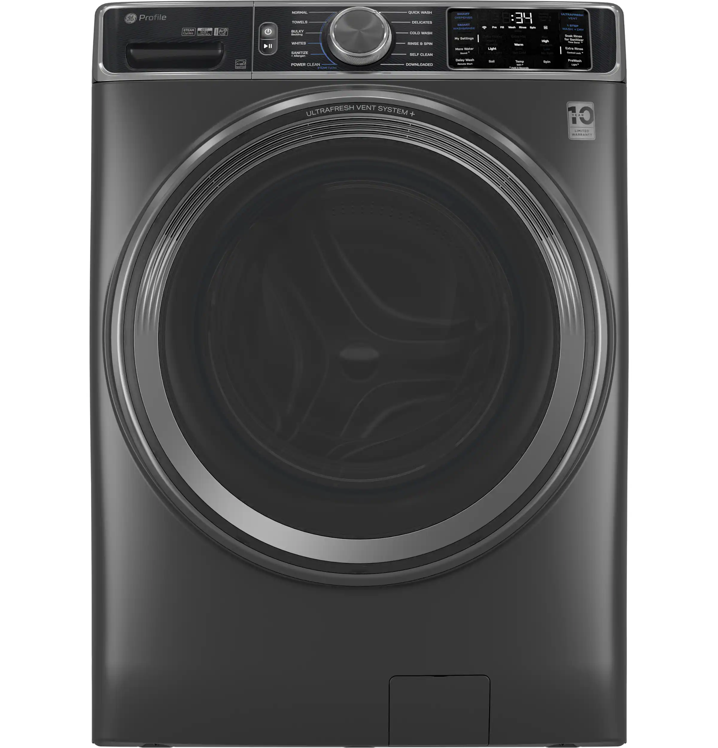GE Profile - 5.5 Cu. Ft. High Efficiency Stackable Smart Front Load Washer with Steam and UltraFresh Vent System+ With OdorBlock - Carbon Graphite