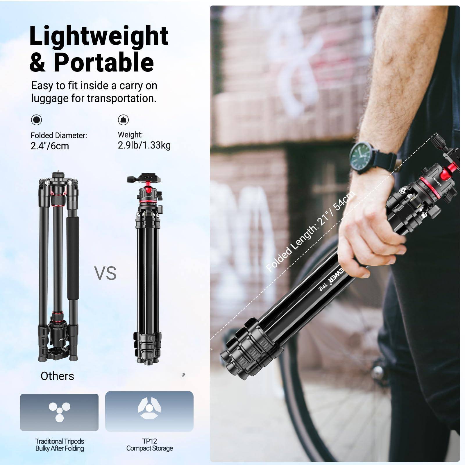 Lightweight & Portable

Easy to fit inside a carry on luggage for transportation.

Folded Diameter: 2.4"/6cm

Weight: 2.9lb/1.33kg

Folded Length: 21"/54cm

Others

Traditional Tripods Bulky After Folding

TP12 Compact Storage