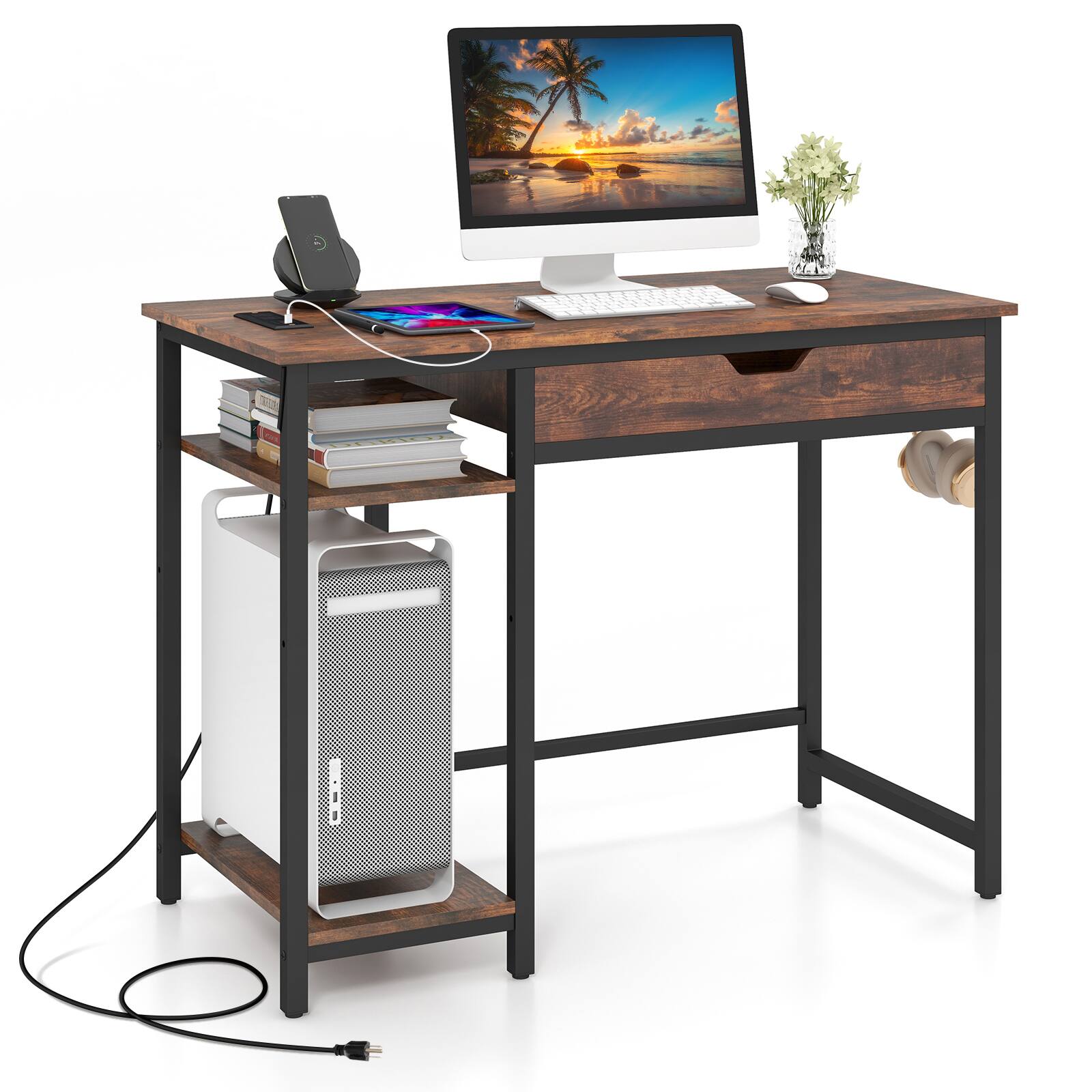 Back. SlickBlue - Desk with Charging Station, Drawer & Adjustable Shelf – Computer Table for Study or Office - Rustic Brown, Black.