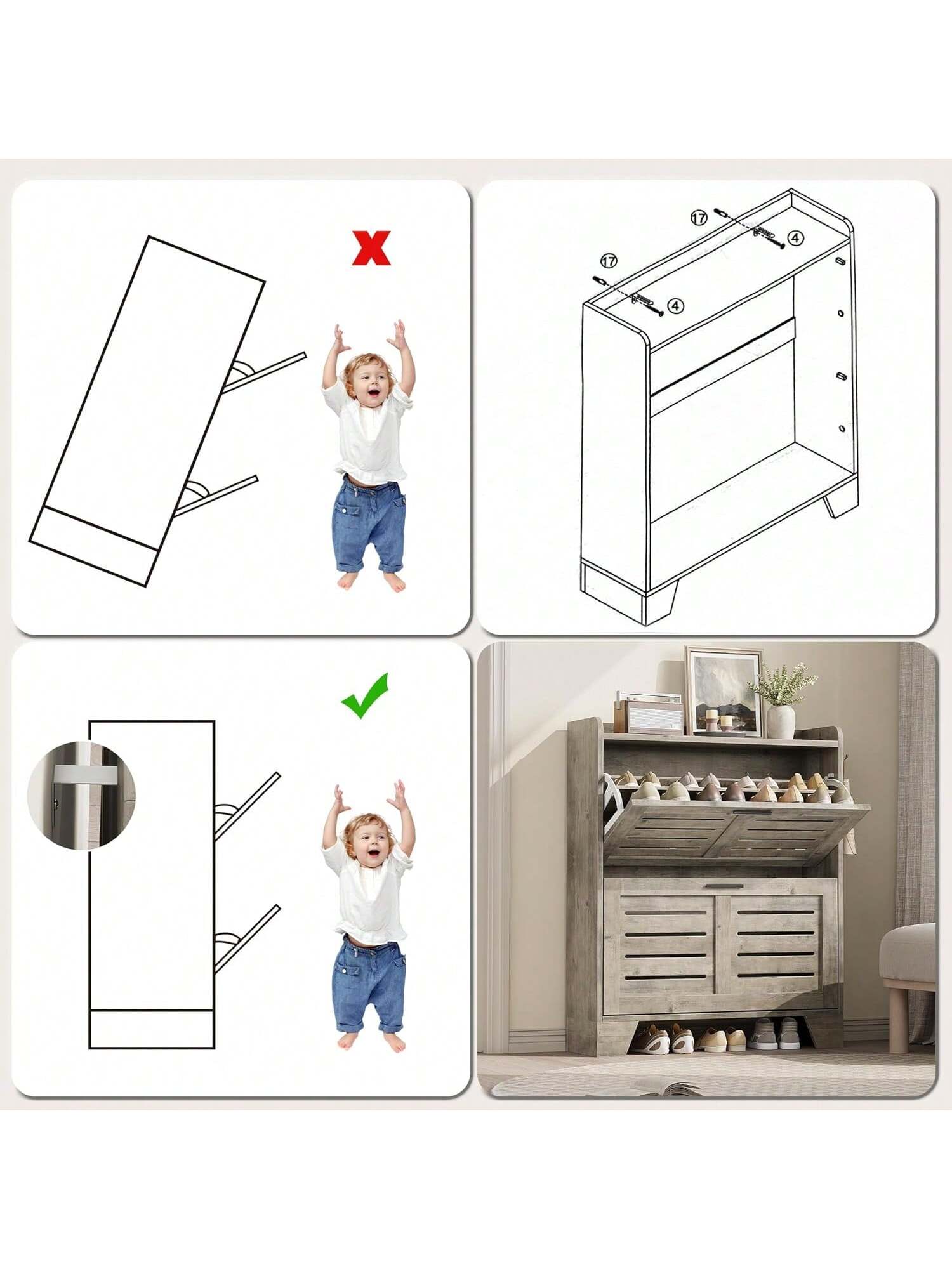 Alt View 4. GARVEE - Shoe Cabinet Storage For Entryway Narrow Shoe Cabinet With 2 Flip Drawers Freestanding Hidden Slim Shoe Organizer - Gray.