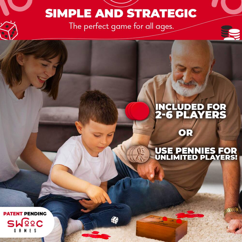 SIMPLE AND STRATEGIC  
The perfect game for all ages.

INCLUDED FOR 2-6 PLAYERS  
OR  
USE PENNIES FOR UNLIMITED PLAYERS!

PATENT PENDING  
SWOOC GAMES