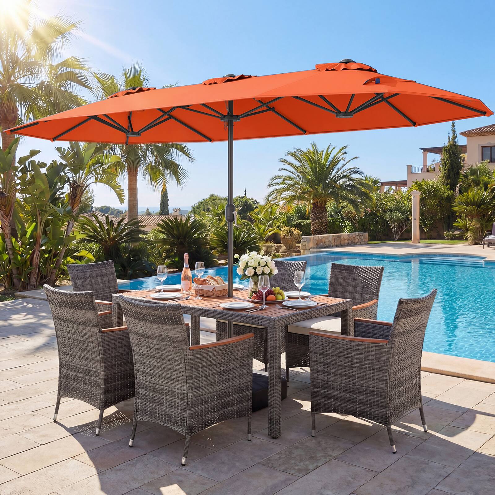 Alt View 4. Gymax - Gymax 8-Piece Patio Dining Set w/ Double-Sided Market Umbrella Acacia Wood Top Orange - Orange.