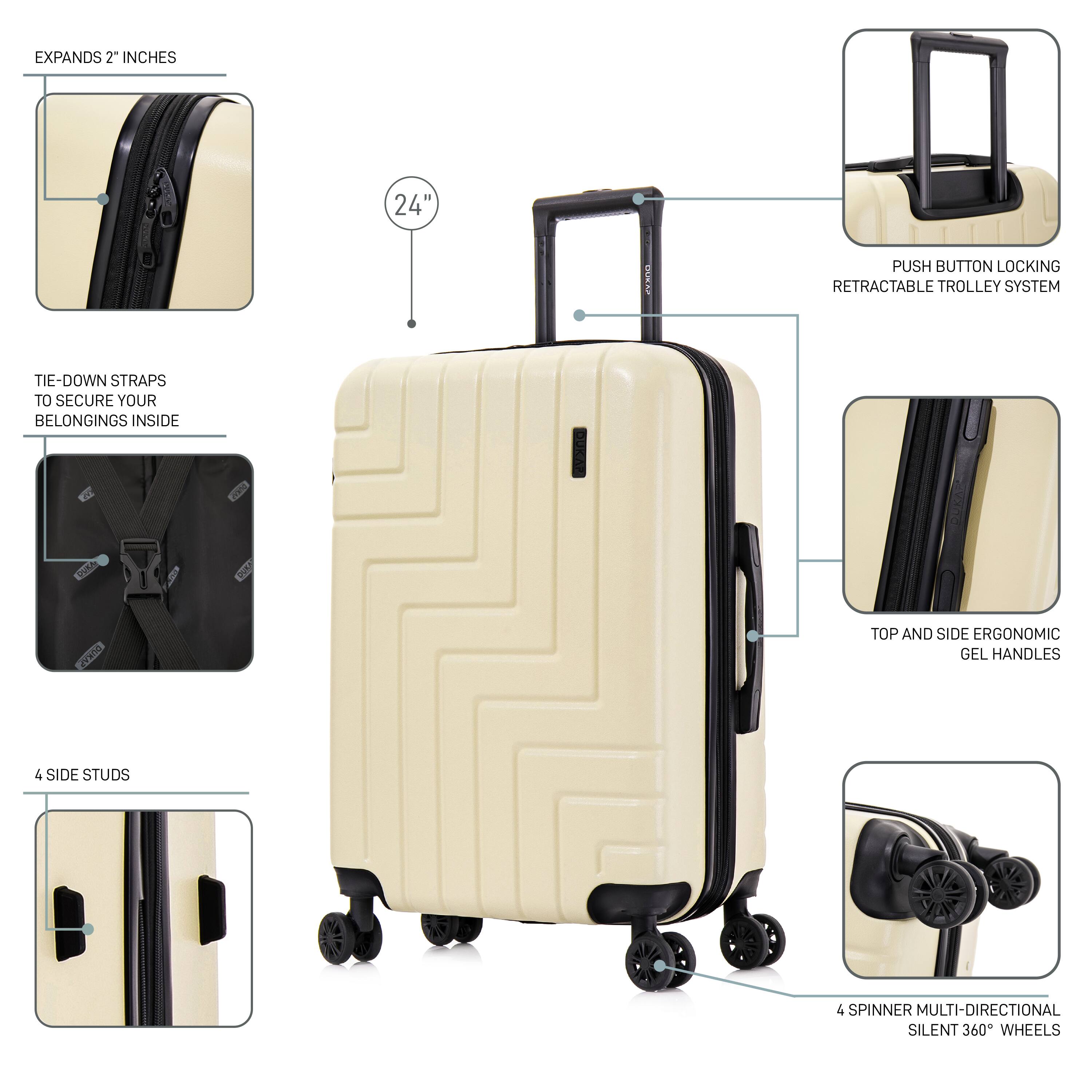 - EXPANDS 2" INCHES
- 24" HEIGHT
- PUSH BUTTON LOCKING RETRACTABLE TROLLEY SYSTEM
- TIE-DOWN STRAPS TO SECURE YOUR BELONGINGS INSIDE
- 4 SIDE STUDS
- TOP AND SIDE ERGONOMIC GEL HANDLES
- 4 SPINNER MULTI-DIRECTIONAL SILENT 360° WHEELS