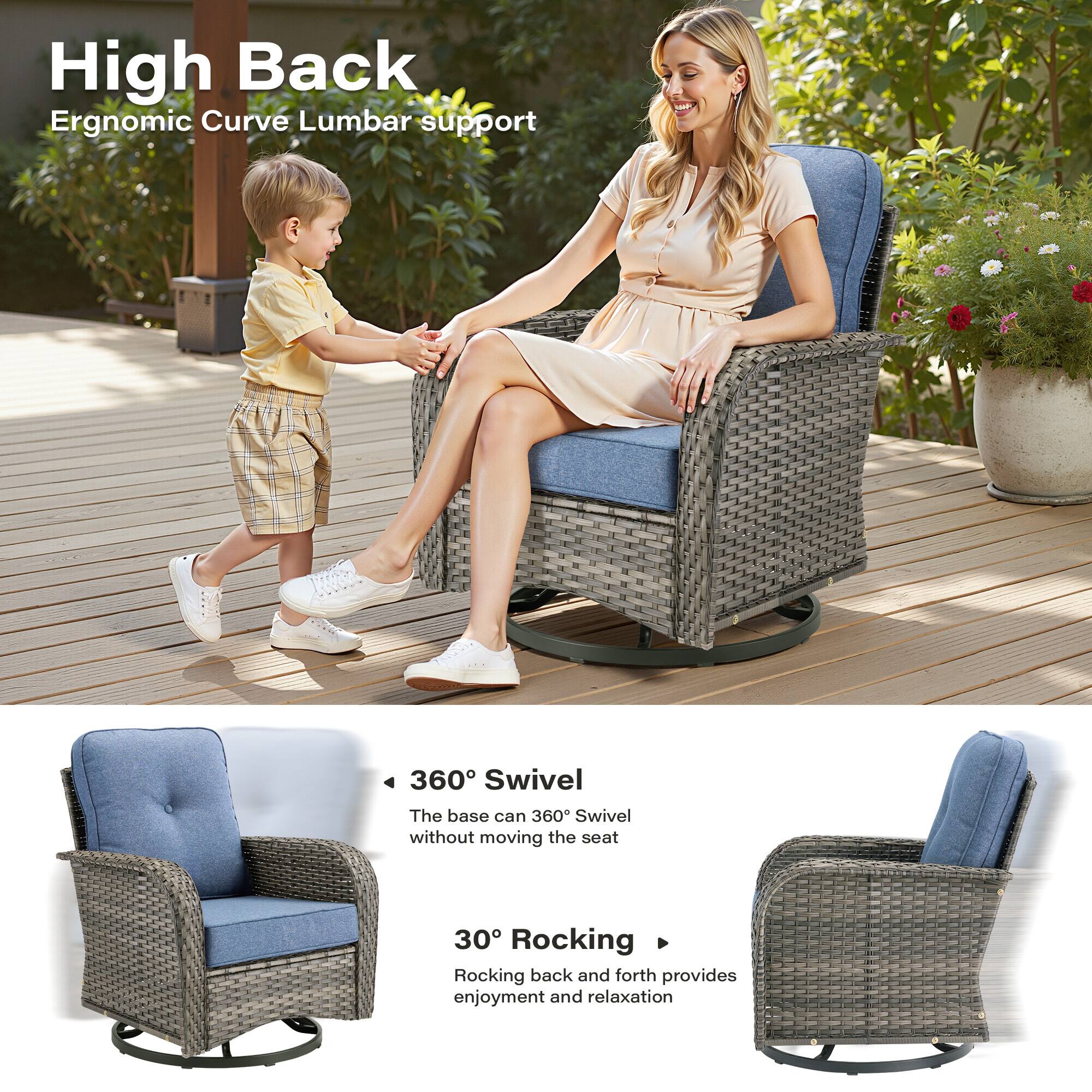 High Back  
Ergonomic Curve Lumbar support

360° Swivel  
The base can 360° swivel without moving the seat

30° Rocking  
Rocking back and forth provides enjoyment and relaxation