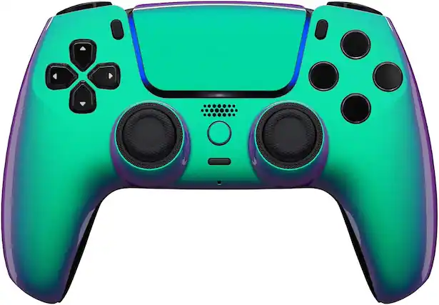 Front. Custom Controllerzz - Custom Wireless Controller for PS5 - Green & Purple Chameleon.