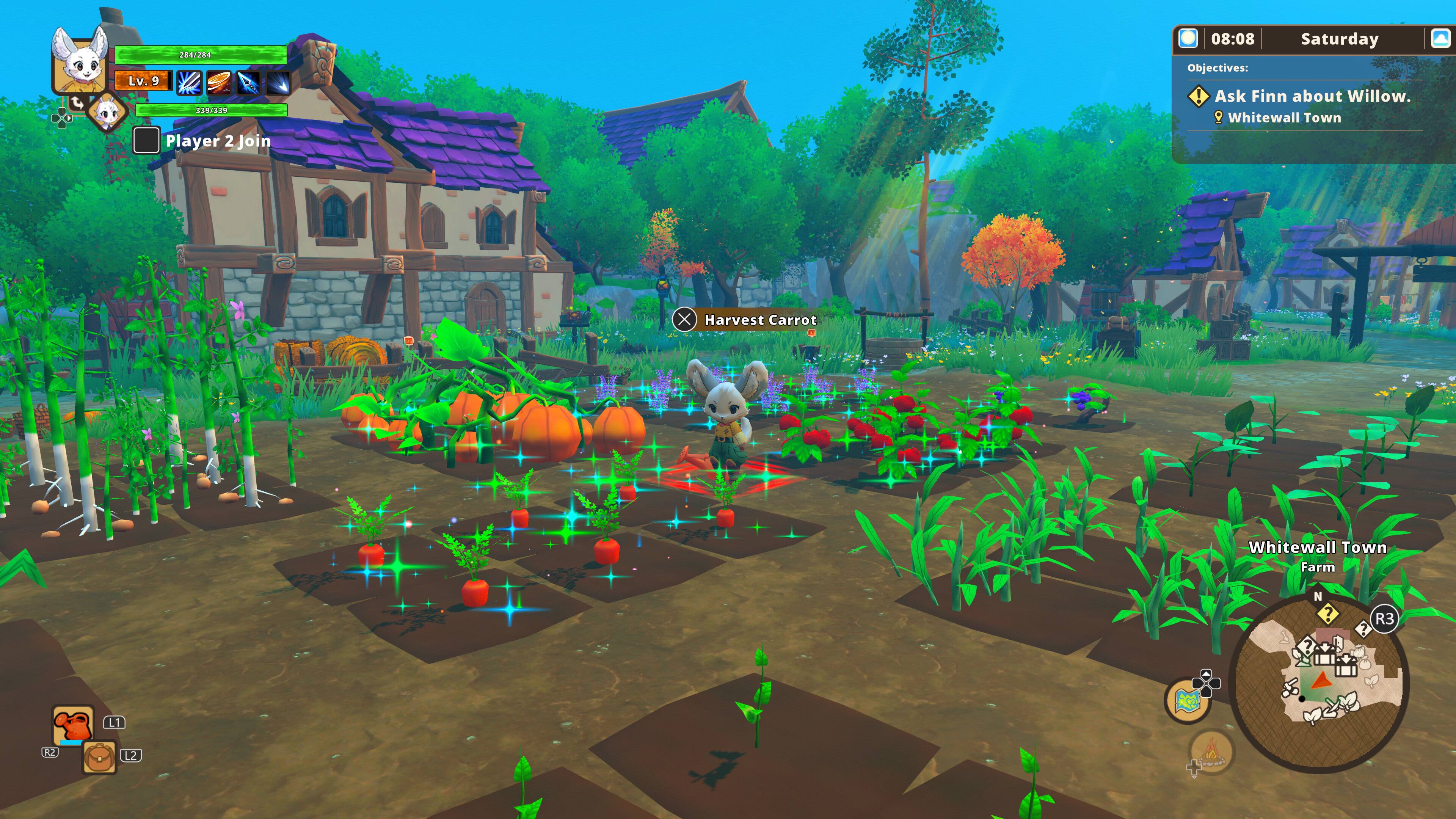 224/224 Lv.9 / Player 2 Join

08:08 Saturday

Objectives:
- Ask Finn about Willow.
- Whitewall Town

Harvest Carrot
Whitewall Town Farm

2

N

R3 S
L1
R23
L2