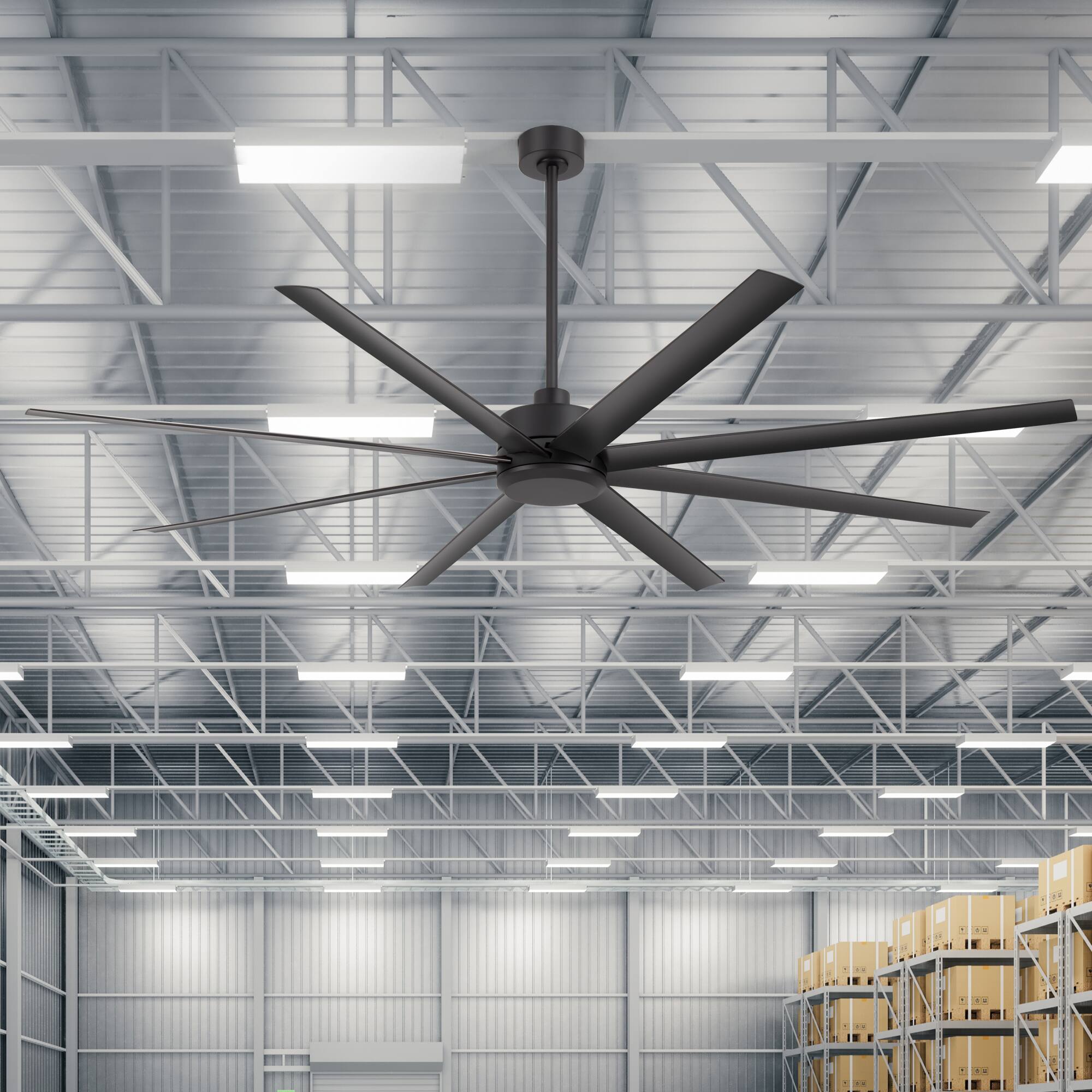 Back. Breezary - 84-in Large Ceiling Fan with 8 ABS Blades, 6-Speed DC Motor, Remote Control, 3 Downrods with Timer, Optional Light Kit - Matte Black (Without Light).