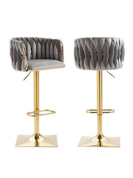 Trinkets Crazed - Swivel Velvet Bar Stool Set Of 2, Adjustable Comfy Counter Height Barstool, Modern Dining Chair With Woven Back - Gray