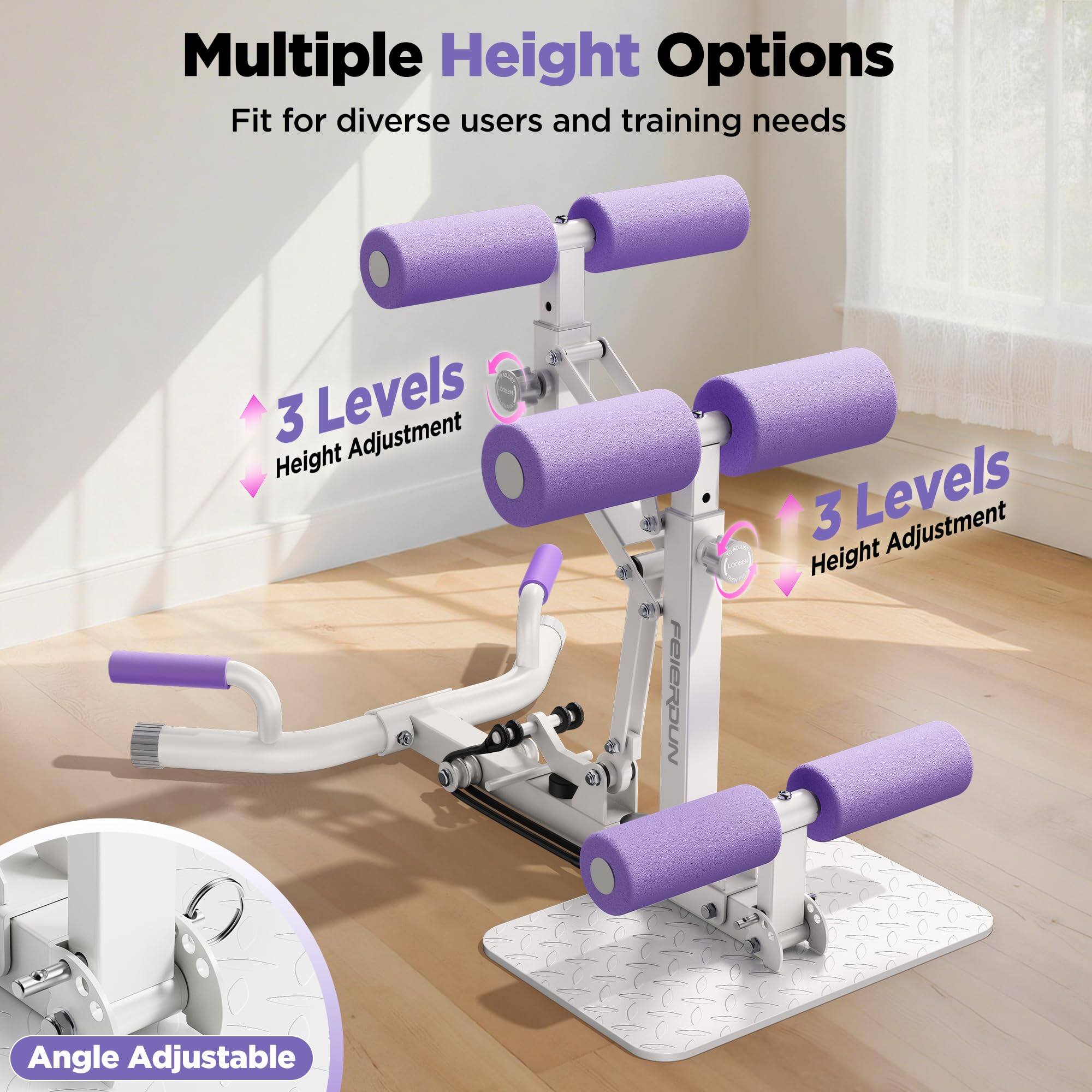 Multiple Height Options  
Fit for diverse users and training needs  

3 Levels Adjustment Height  

FEIERJUN  

3 Levels  
Height Adjustment  

Angle Adjustable