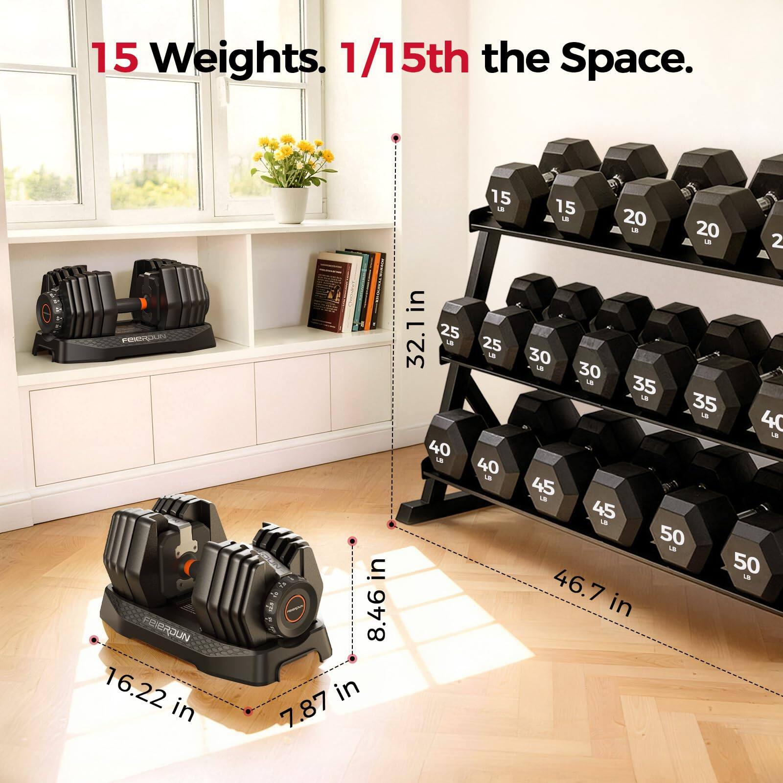 15 Weights. 1/15th the Space.  
EC FEIBROUN  
16.22 in x 8.46 in x 7.87 in  
15 L  
15 LE  
20 LB  
20 LN  
2 in  
32.1 in  
25 L  
25 B  
30 LB  
30 LE  
35 LE  
40 B  
40 LE  
45 LE  
50 LE  
46.7 in