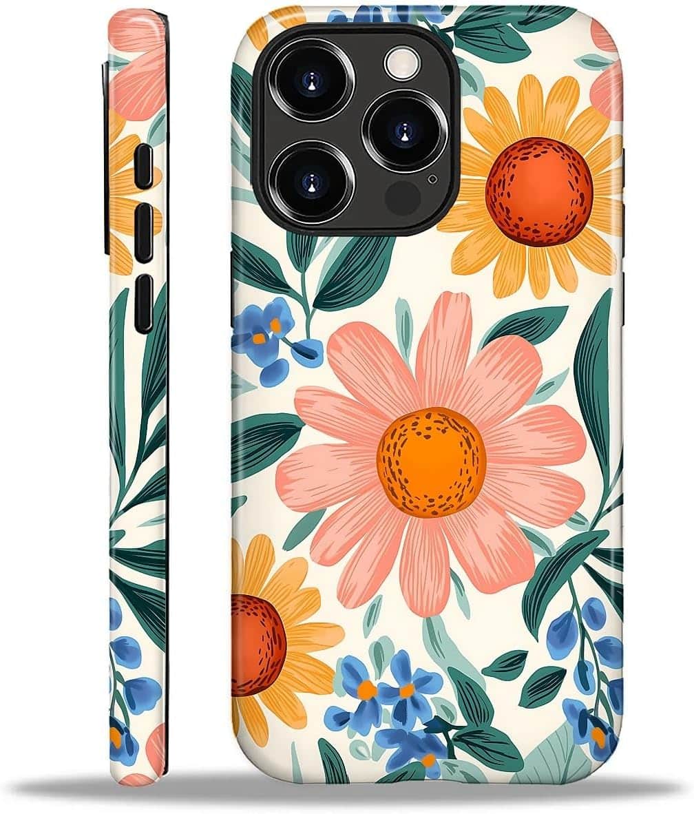 Finnhomy - Smartphone Case for iPhone 16 Pro 2 Layer Durable Protection Military Grade Shockproof Design - Retro Flowers