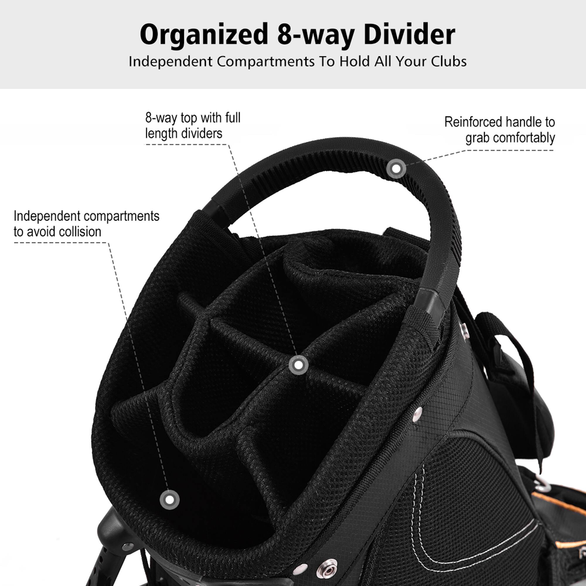 Organized 8-way Divider  
Independent Compartments To Hold All Your Clubs  

- 8-way top with full length dividers  
- Independent compartments to avoid collision  
- Reinforced handle to grab comfortably
