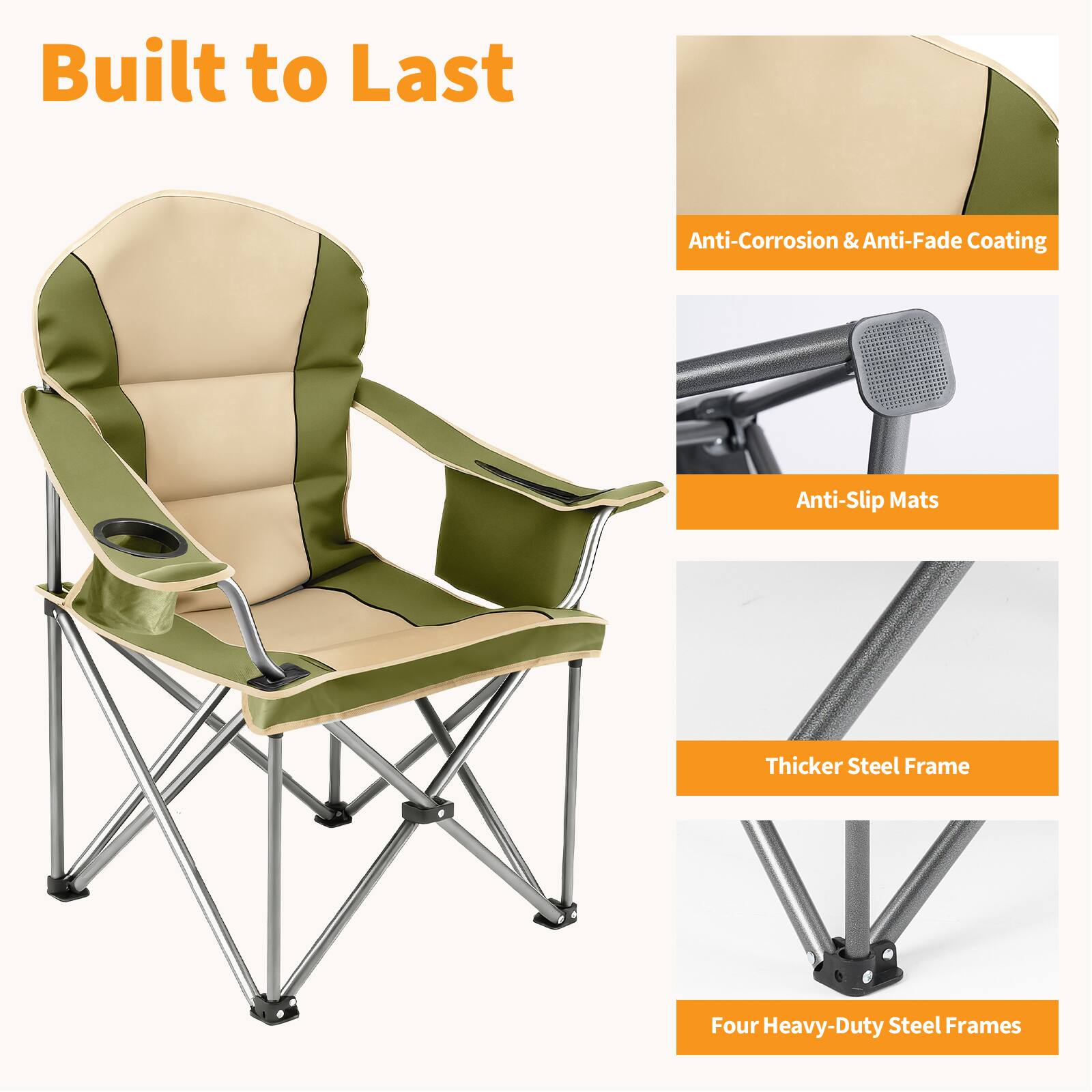 Built to Last

- Anti-Corrosion & Anti-Fade Coating
- Anti-Slip Mats
- Thicker Steel Frame
- Four Heavy-Duty Steel Frames