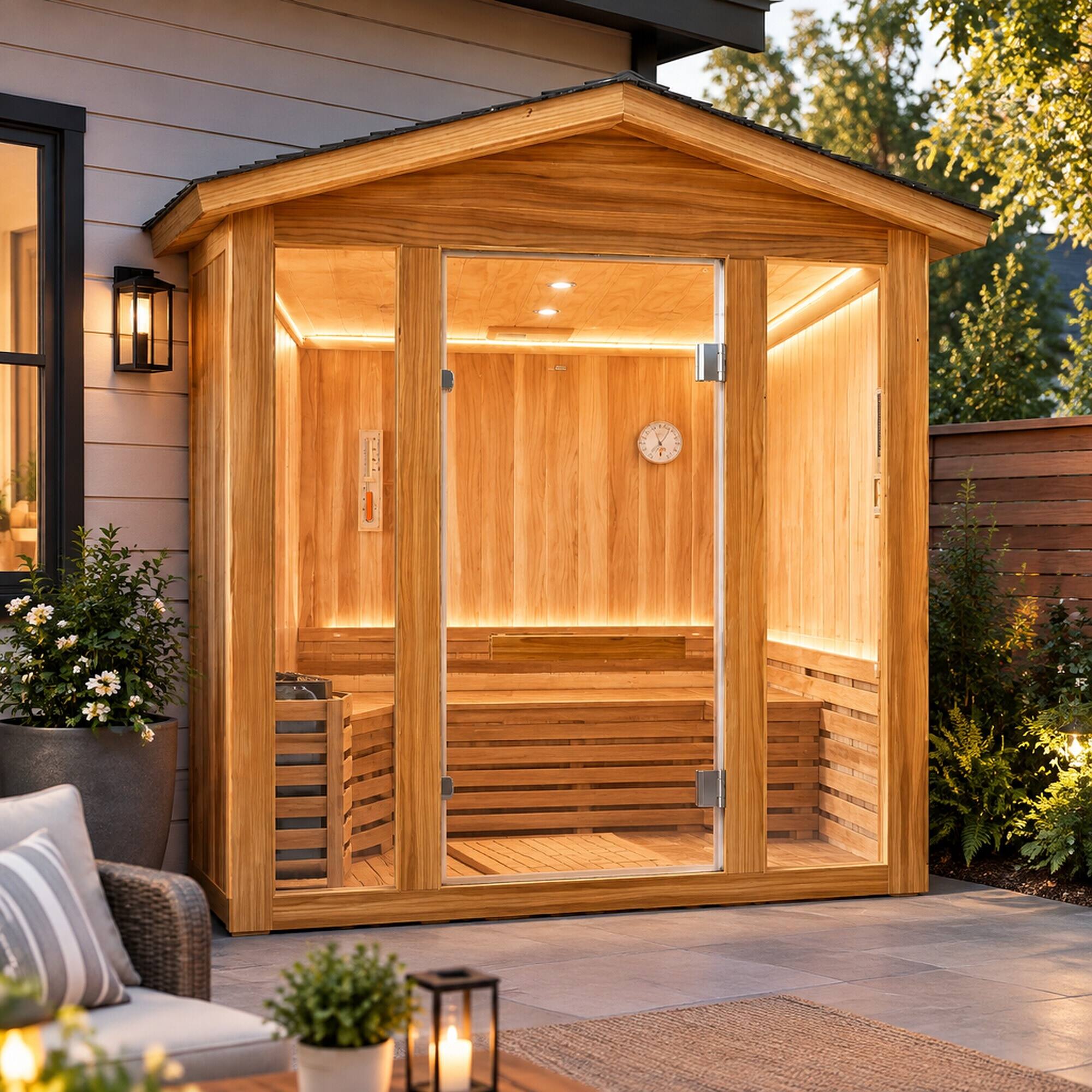Left. RYHNUYNE - 6000W Outdoor Traditional Steam Sauna, Cedar Wood, 4 Person, 240V, 150 x 140 x 208 cm - Ameican White Oak.