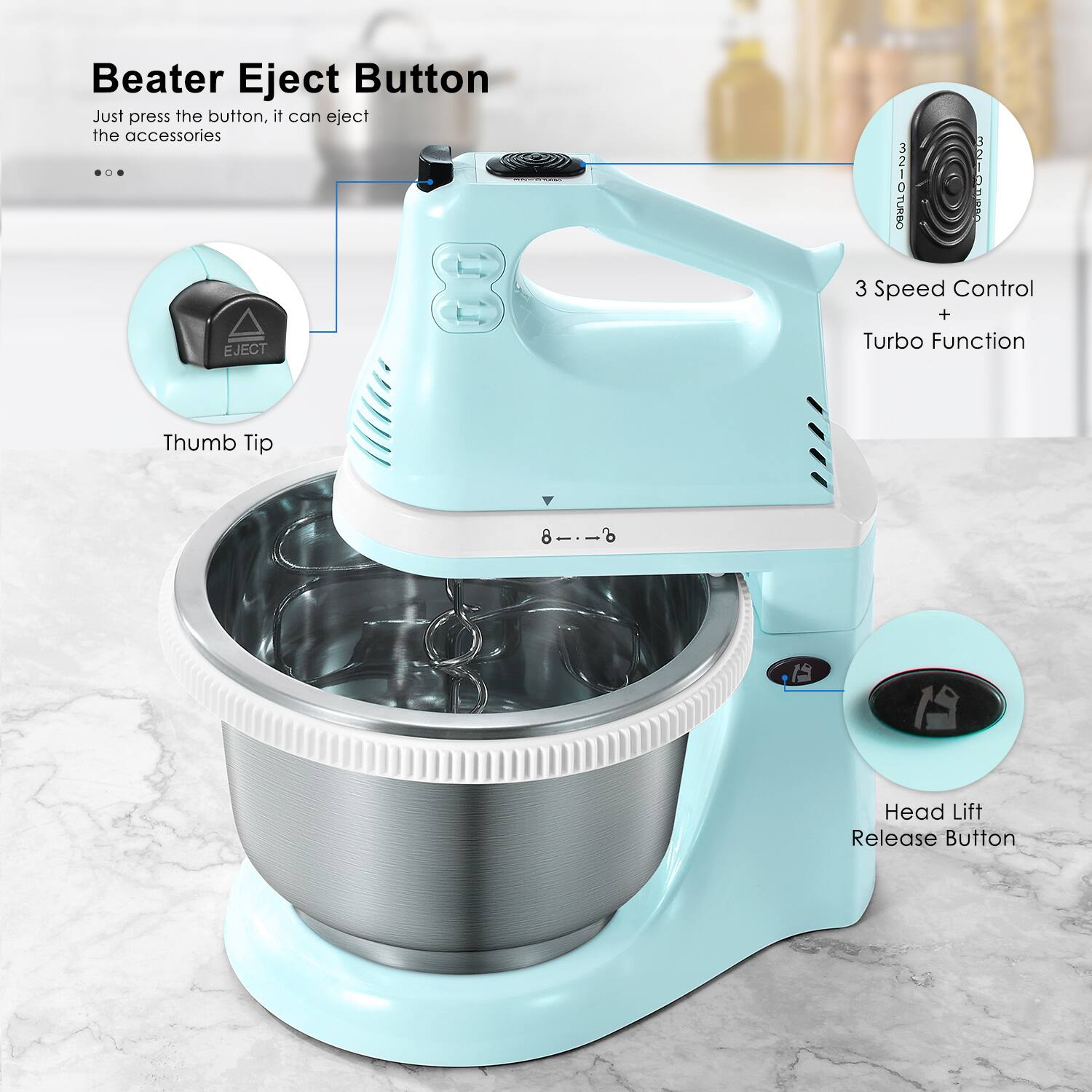 Beater Eject Button  
Just press the button, it can eject the accessories  

3 Speed Control + Turbo Function  

Thumb Tip  

Head Lift Release Button