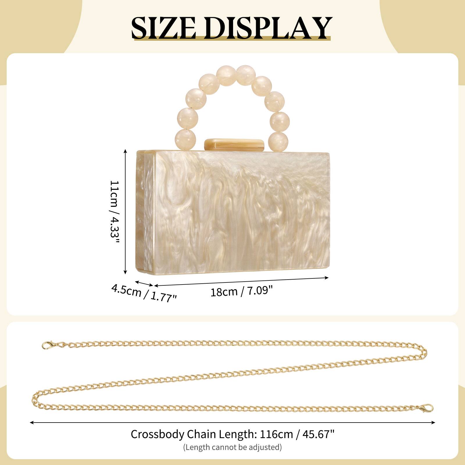 SIZE DISPLAY

11cm / 4.33"  
4.5cm / 1.77"  
18cm / 7.09"  

Crossbody Chain Length: 116cm / 45.67"  
(Length cannot be adjusted)