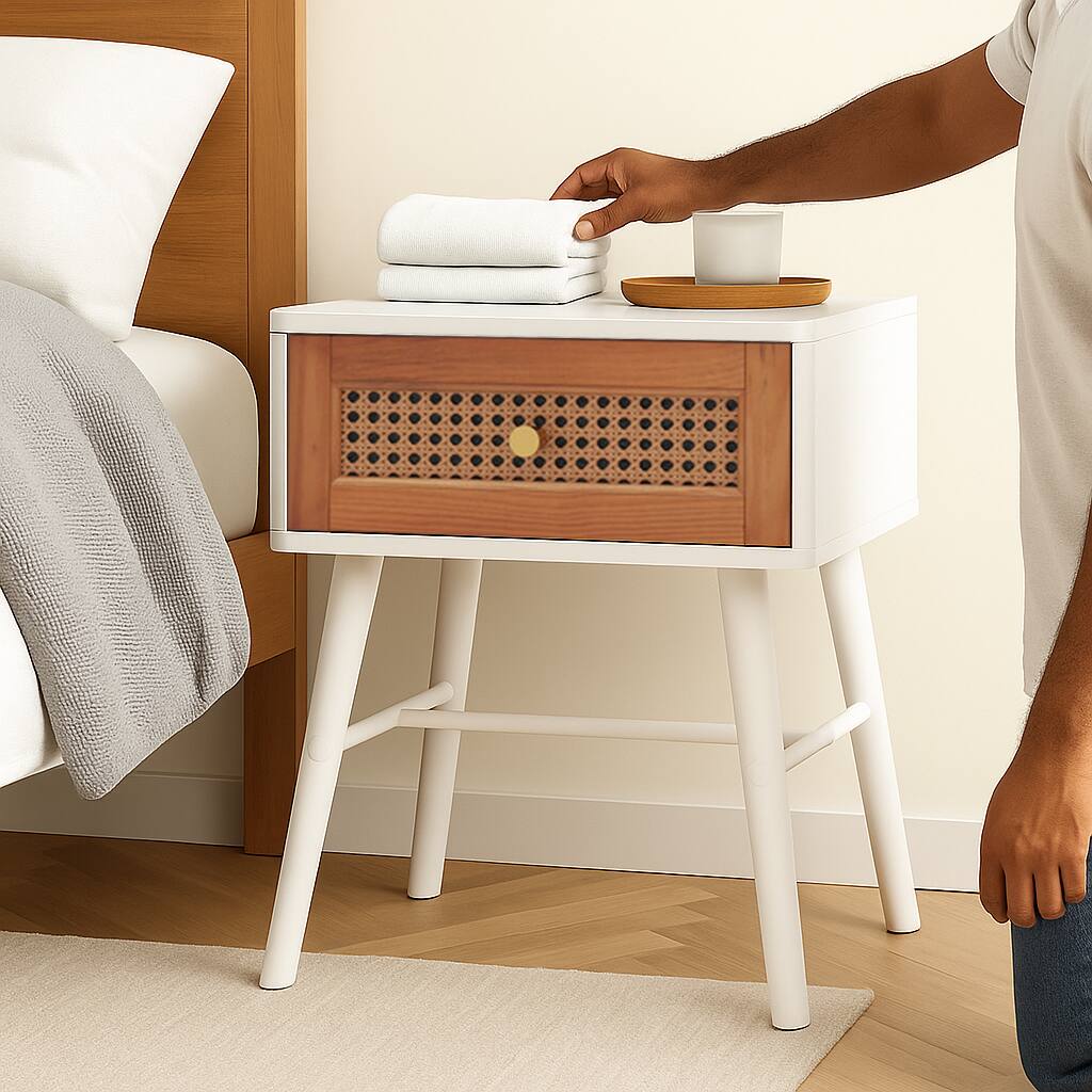 Angle. Hivvago - Woven Rattan Nightstand with Storage Drawer - White.