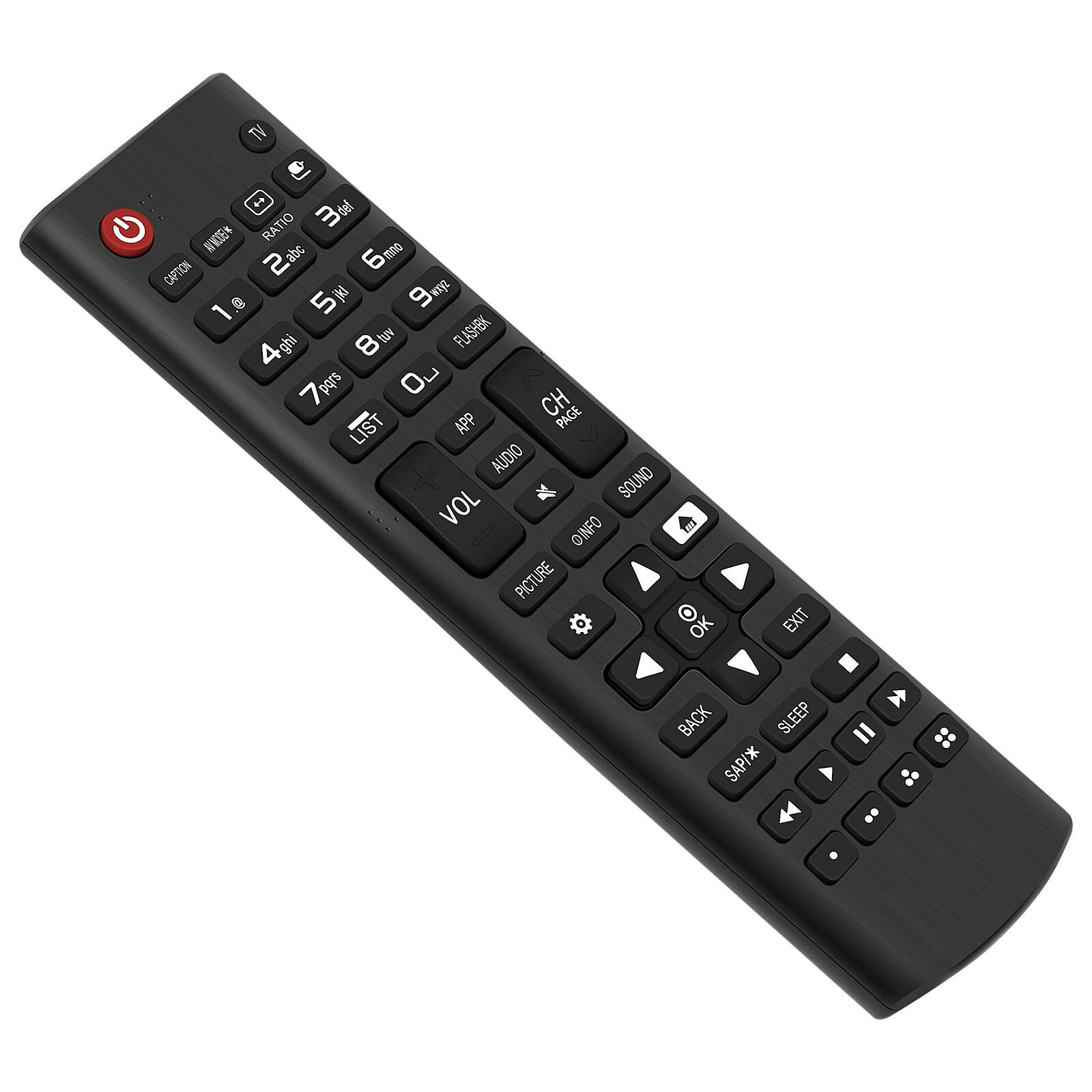 TV  
I def  
RATIO 3 AV MODE/* abc 6mh mno CAPTION  5 jkl 9 wxyz 4 ghi 8  FLASHBK pqrs Ou ] 7 CH LIST APP PAGE AUDIO SOUND VOL @INFO PICTURE OK EXIT BACK SLEEP SAP/*