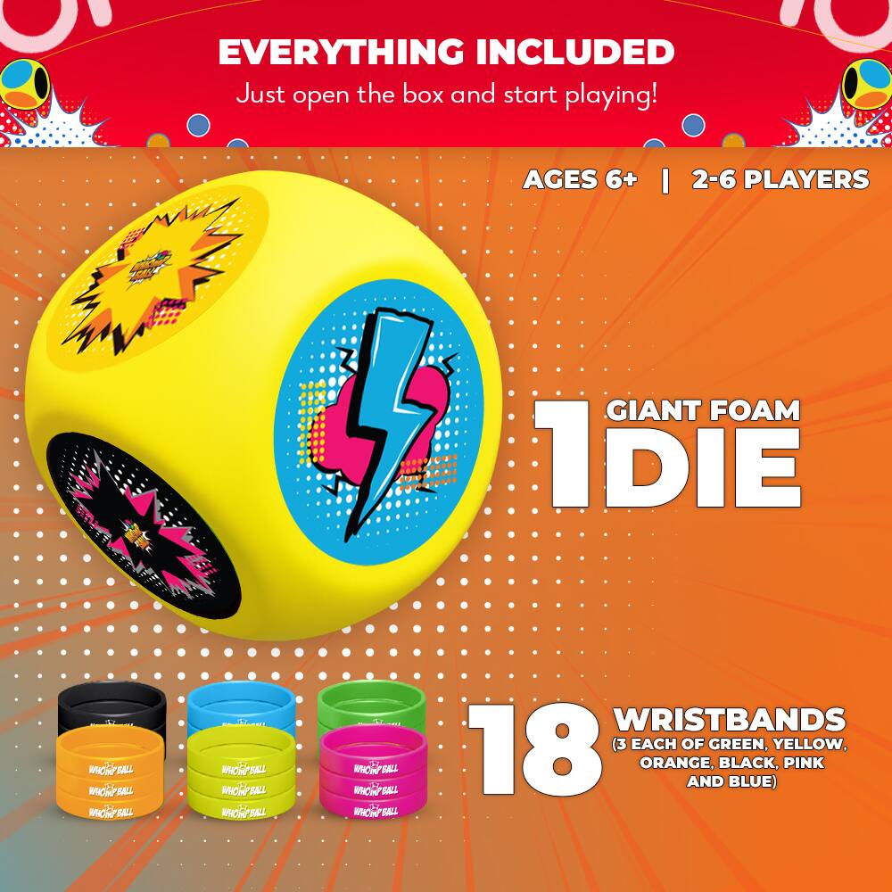 **EVERYTHING INCLUDED**  
Just open the box and start playing!

**AGES 6+ | 2-6 PLAYERS**

**1 GIANT FOAM DIE**

**18 WRISTBANDS**  
(3 EACH OF GREEN, YELLOW, ORANGE, BLACK, PINK AND BLUE)