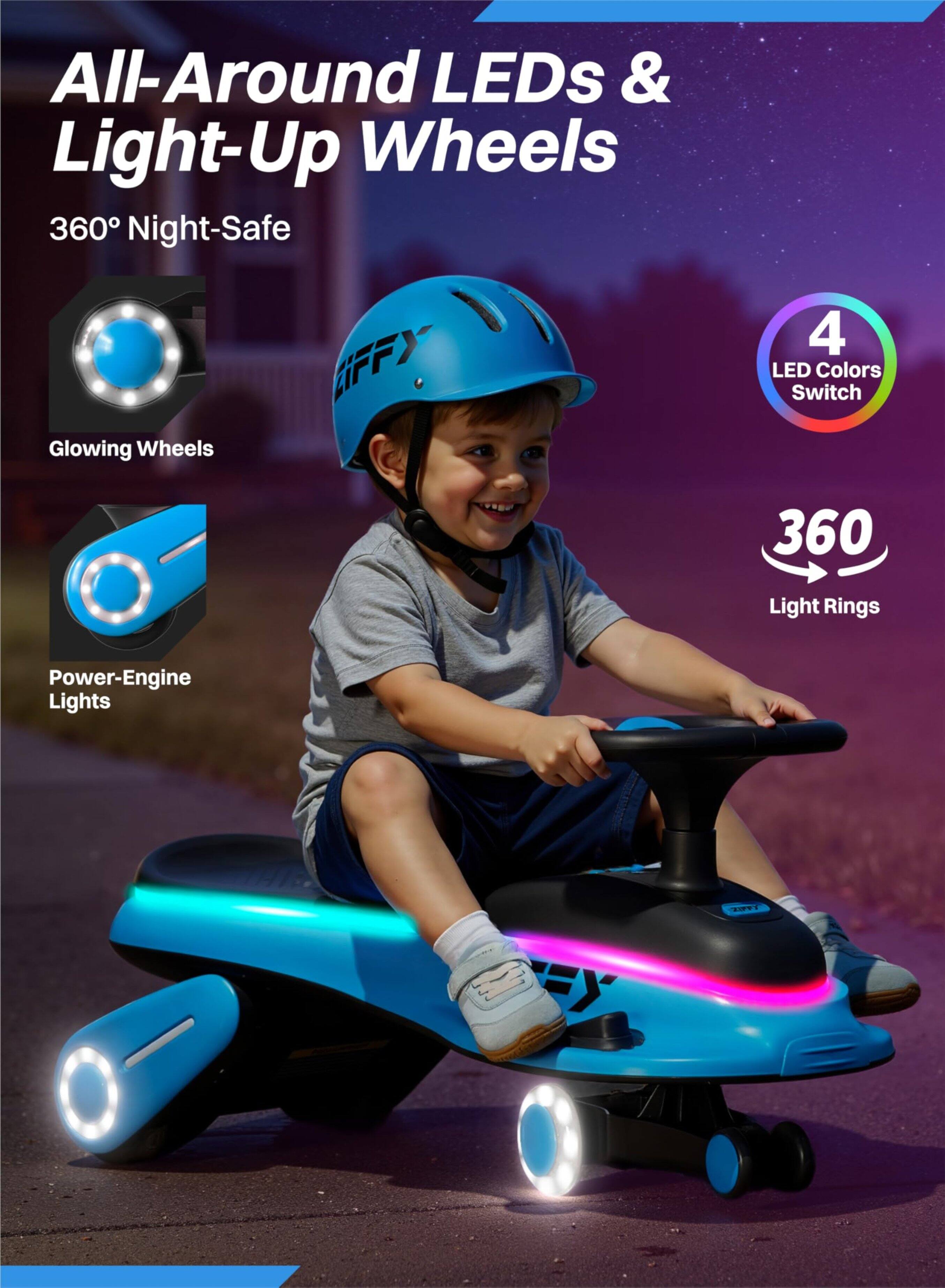 All-Around LEDs & Light-Up Wheels  
360° Night-Safe  
Glowing Wheels  
4 LED Colors Switch  
360 Light Rings  
Power-Engine Lights