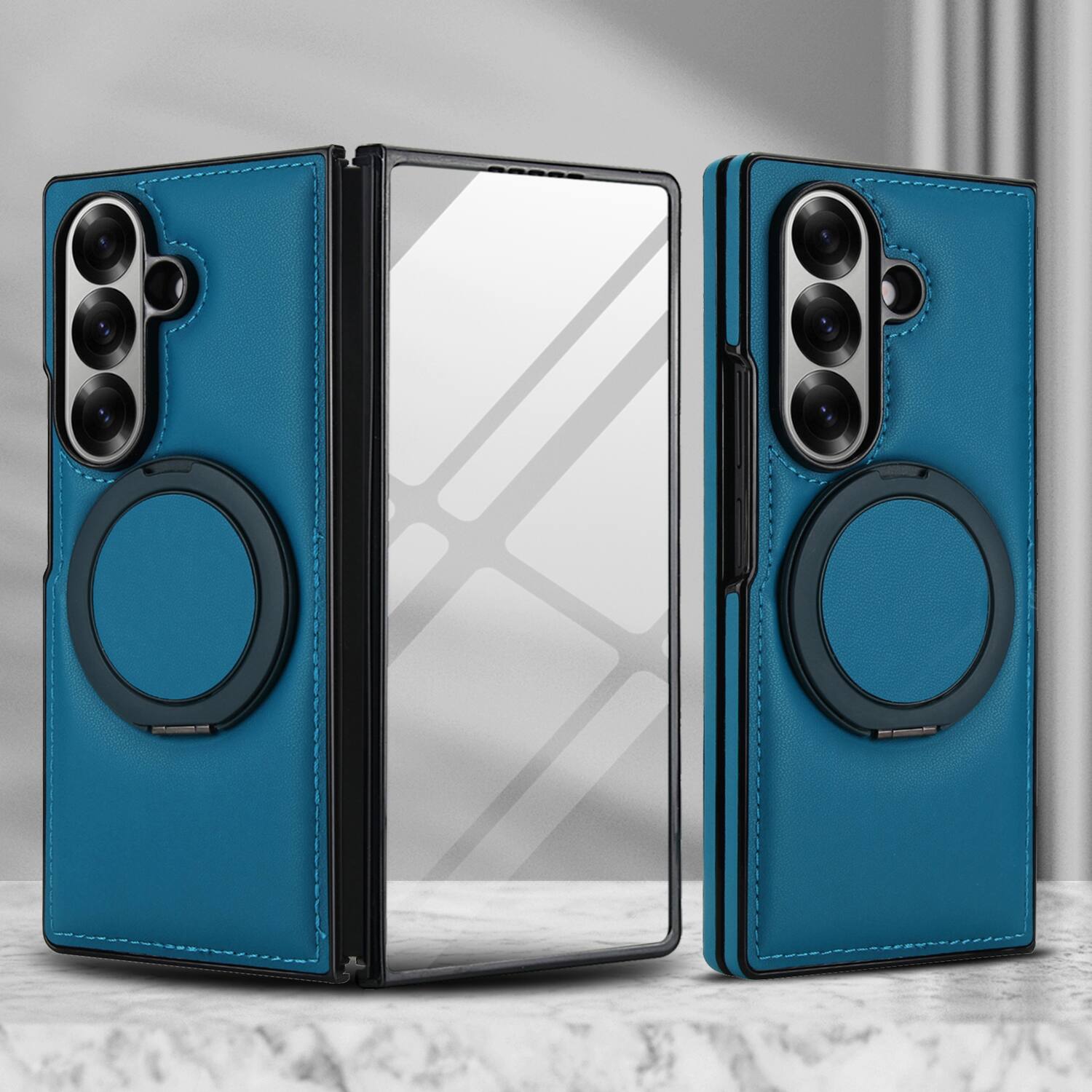 Alt View 5. Dteck - Magnetic Case for Samsung Galaxy Z Fold7 with Ring Kickstand,Built-in Screen Protector,Faux Leather Shockproof Cover - Blue.