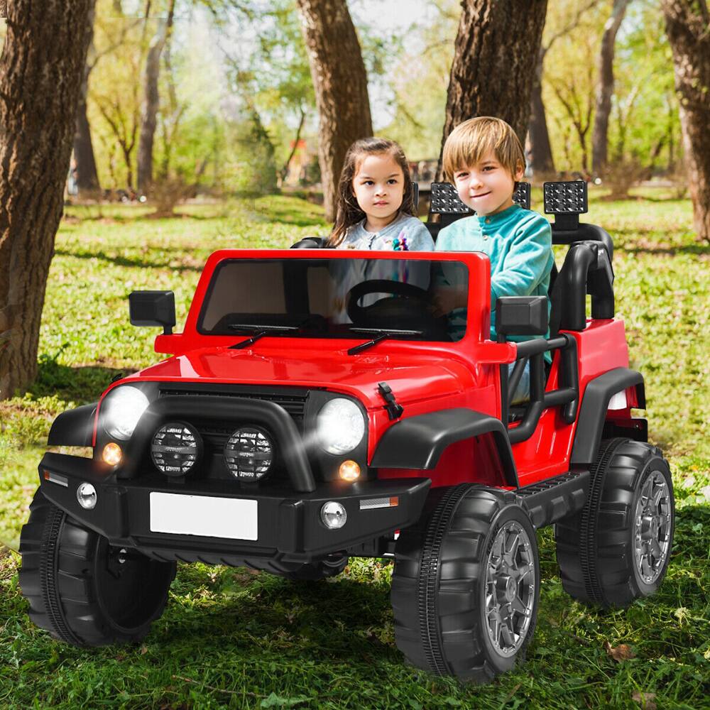 Left. SlickBlue - 12V 2-Seater Ride-On Truck with Remote Control and Rear Storage Compartment - Red.