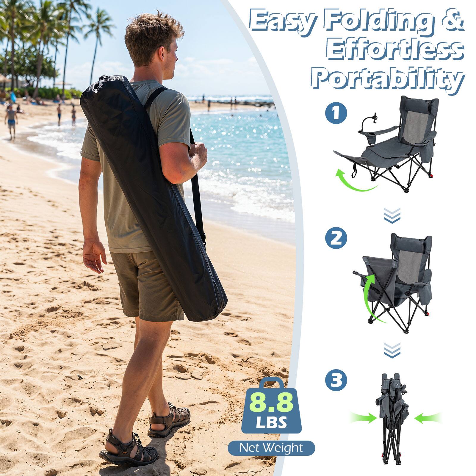 Easy Folding & Effortless Portability

1. 2. 3. 8.8 LBS Net Weight