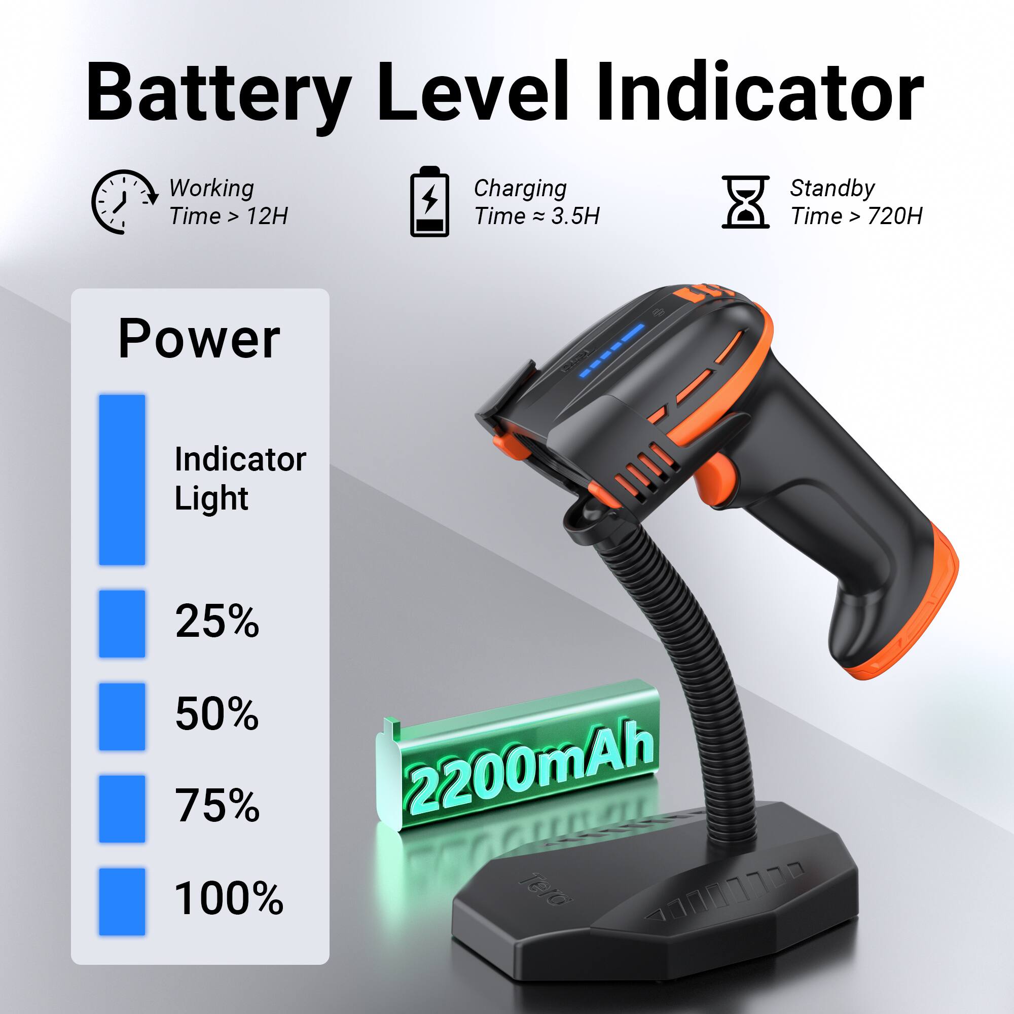 Battery Level Indicator

- Working Time > 12H
- Charging Time ≈ 3.5H
- Standby Time > 720H

Power
- Indicator Light
  - 25%
  - 50%
  - 75%
  - 100%

2200mAh