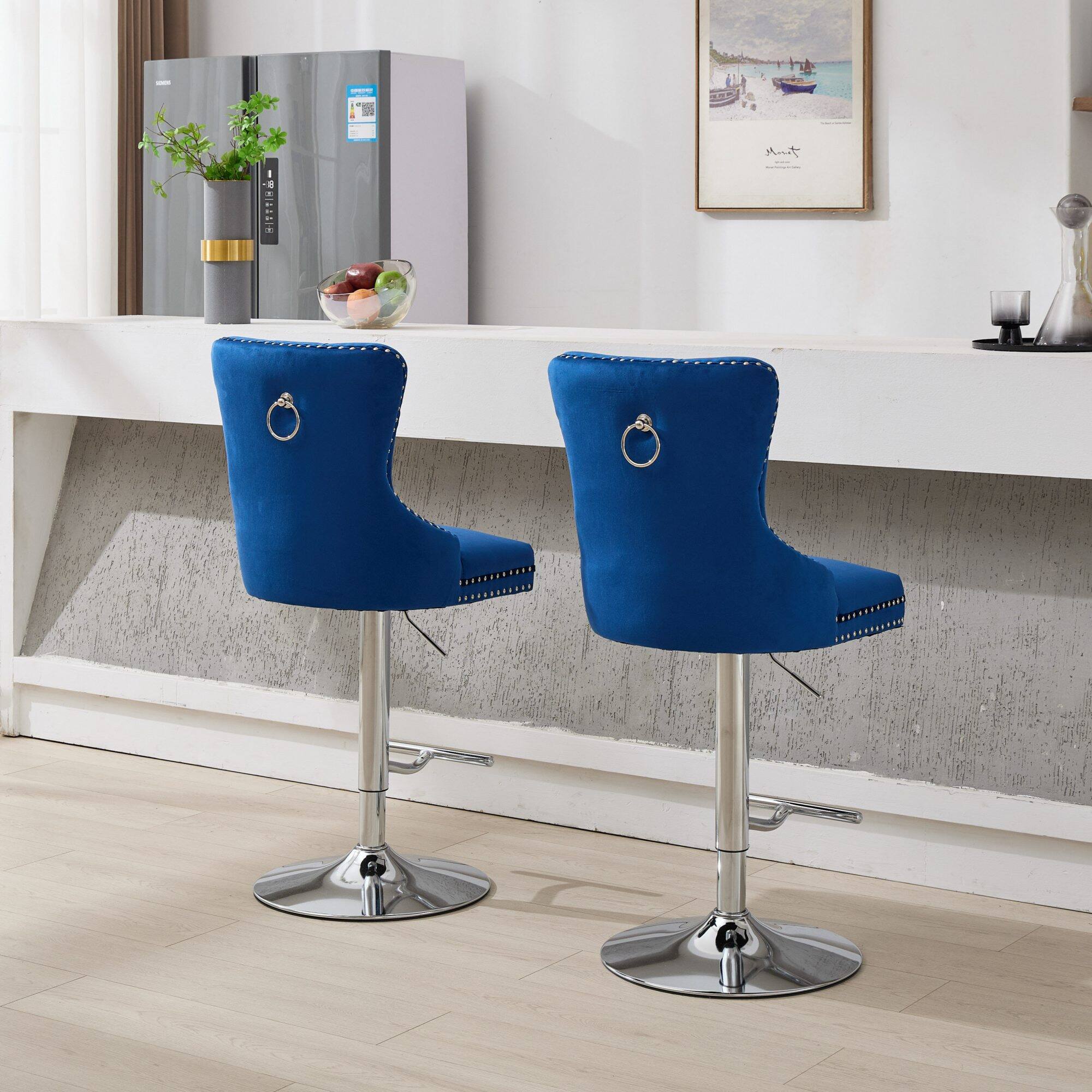 Alt View 2. PexFix - Upholstered Velvet Bar Stools, Set of 2, Adjustable Height Swivel with Tufted Back, Wide Base for Home Pub - Blue.