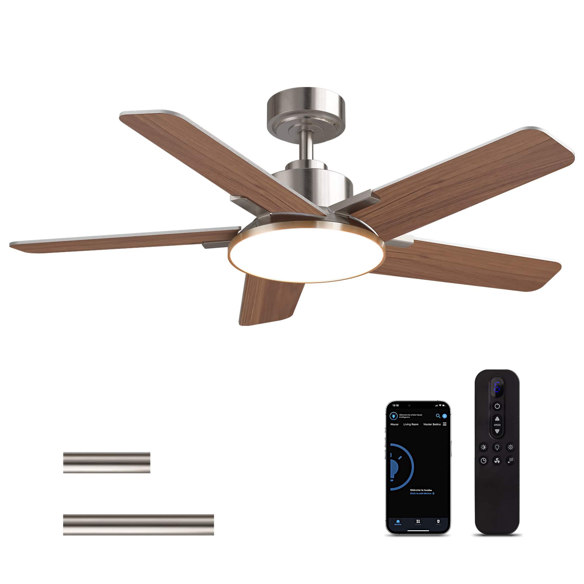 Front. Siljoy - 44-in Nickel Ceiling Fan with LED Light and Remote Control Include (5 Blades) For Bedroom Living Room and kitchen - Nickel.