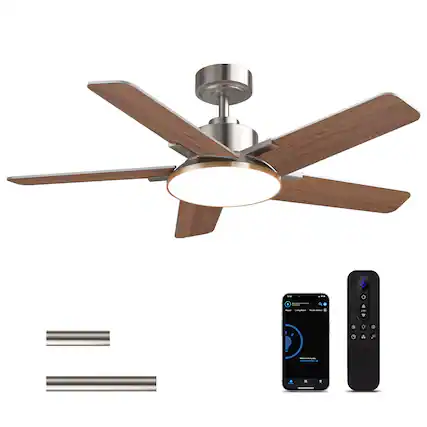 Front. Siljoy - 44-in Nickel Ceiling Fan with LED Light and Remote Control Include (5 Blades) For Bedroom Living Room and kitchen - Nickel.