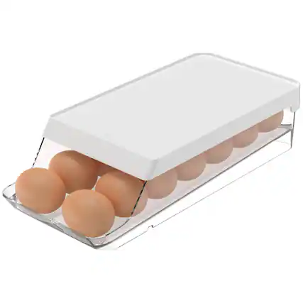 Front. OU - OU Egg Holder for Fridge, BPA Free Refrigerator Rolling Egg Organizer, Clear Container for Kitchen.