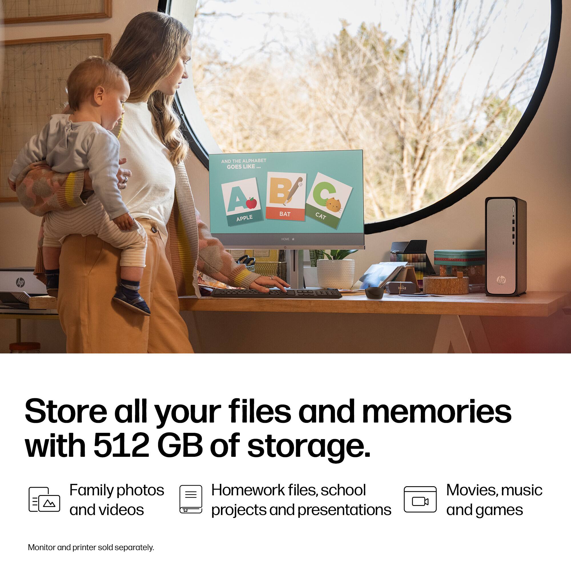 AND THE ALPHABET GOES LIKE...

A. APPLE  
B. BAT  
C. CAT

Store all your files and memories with 512 GB of storage.  
- Family photos and videos  
- Homework files, school projects and presentations  
- Movies, music and games  

Monitor and printer sold separately.
