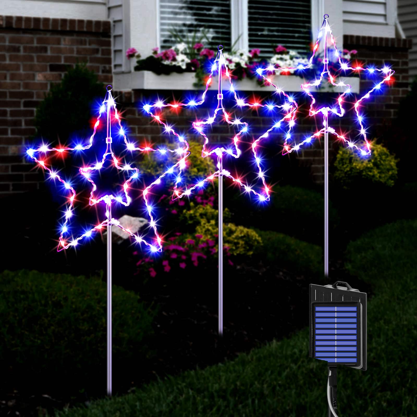 Oumilen - 3 Pack Solar Double Star Pathway Lights – Red White Blue LED Yard Decor, 8 Modes with Remote for Outdoor Lawn price history on PriceWatchPro