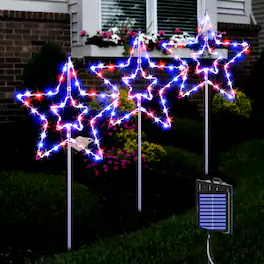 Oumilen - 3 Pack Solar Double Star Pathway Lights – Red White Blue LED Yard Decor, 8 Modes with Remote for Outdoor Lawn